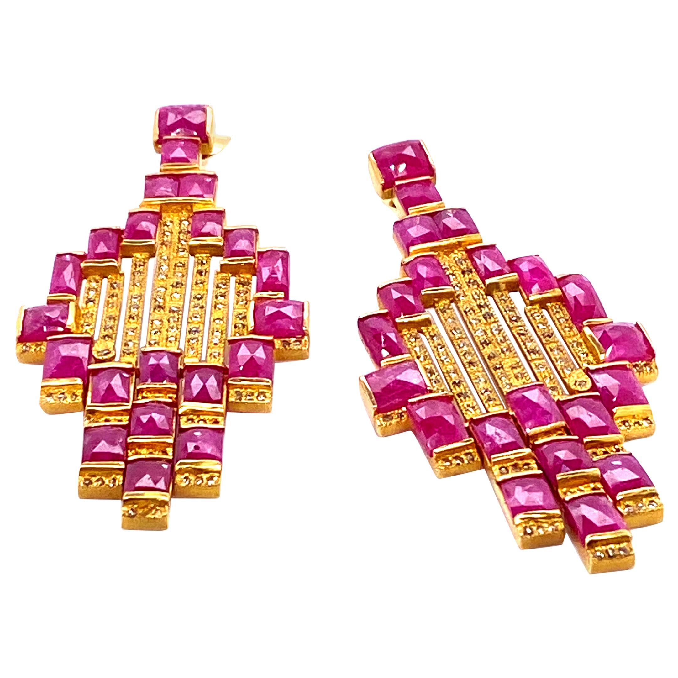 Art Deco Style Mosaic 20 Karat Yellow Gold Ruby Drop Coomi Earrings For Sale