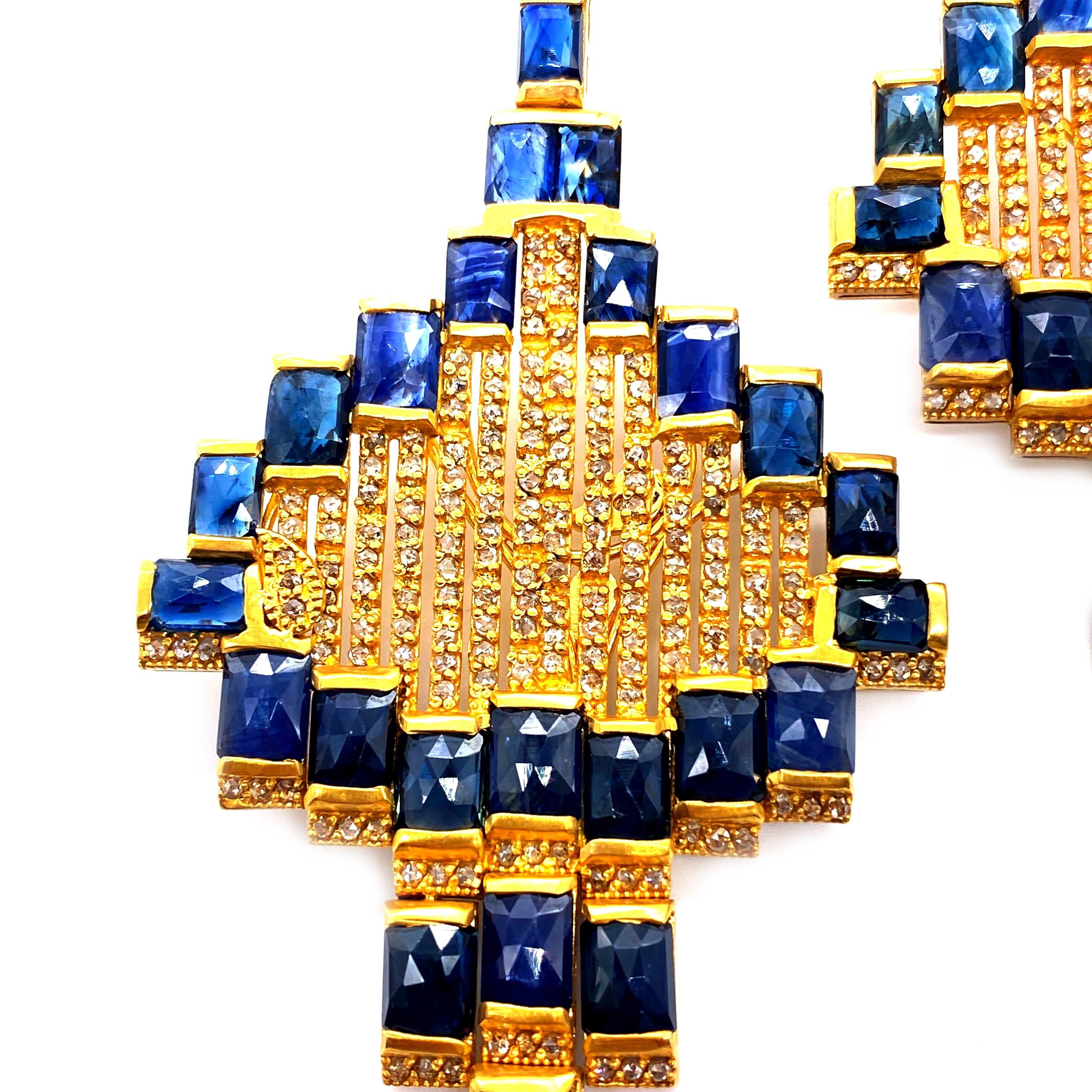 Square Cut Art Deco Style Mosaic 20 Karat Yellow Gold Blue Sapphire Drop Coomi Earrings For Sale