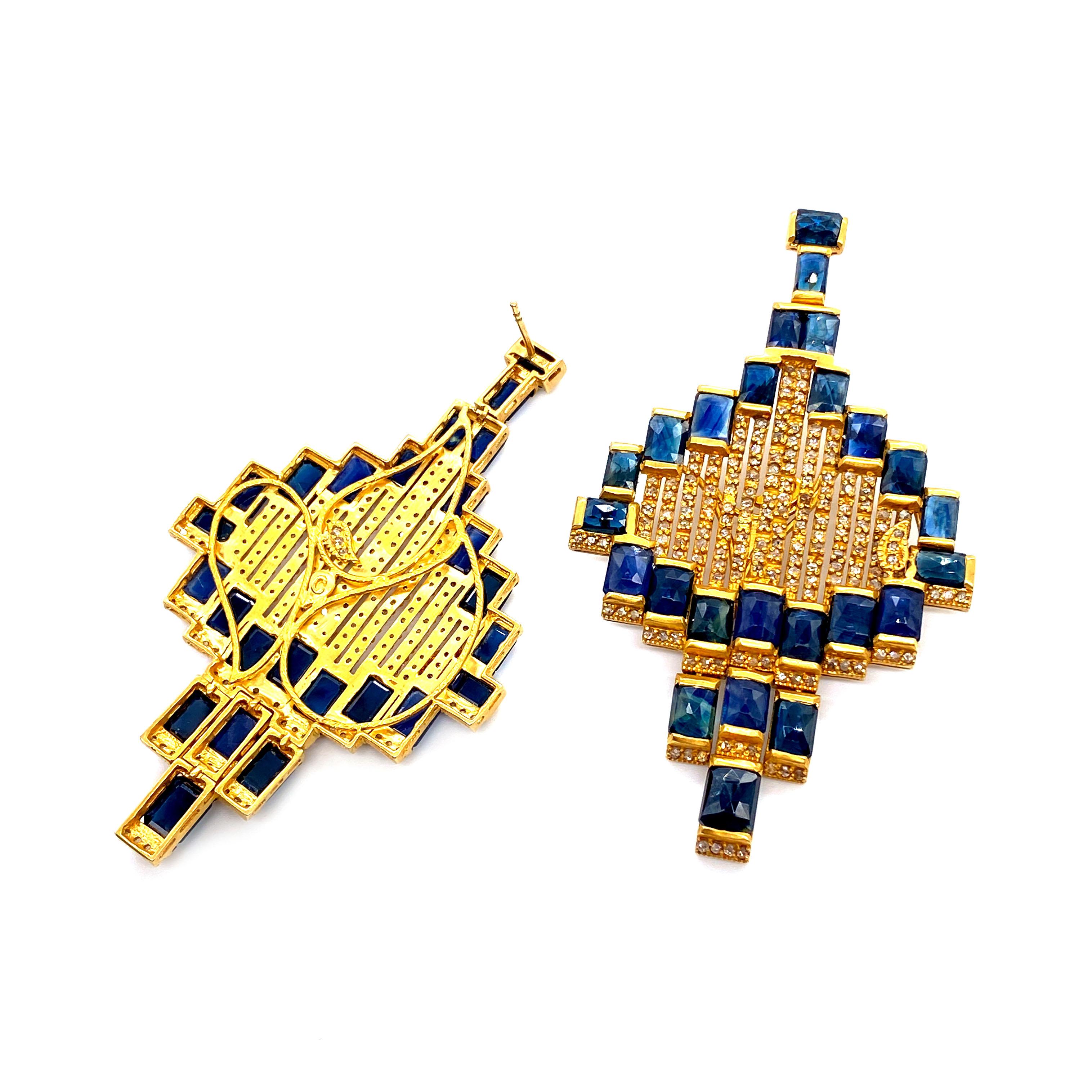 Women's Art Deco Style Mosaic 20 Karat Yellow Gold Blue Sapphire Drop Coomi Earrings For Sale