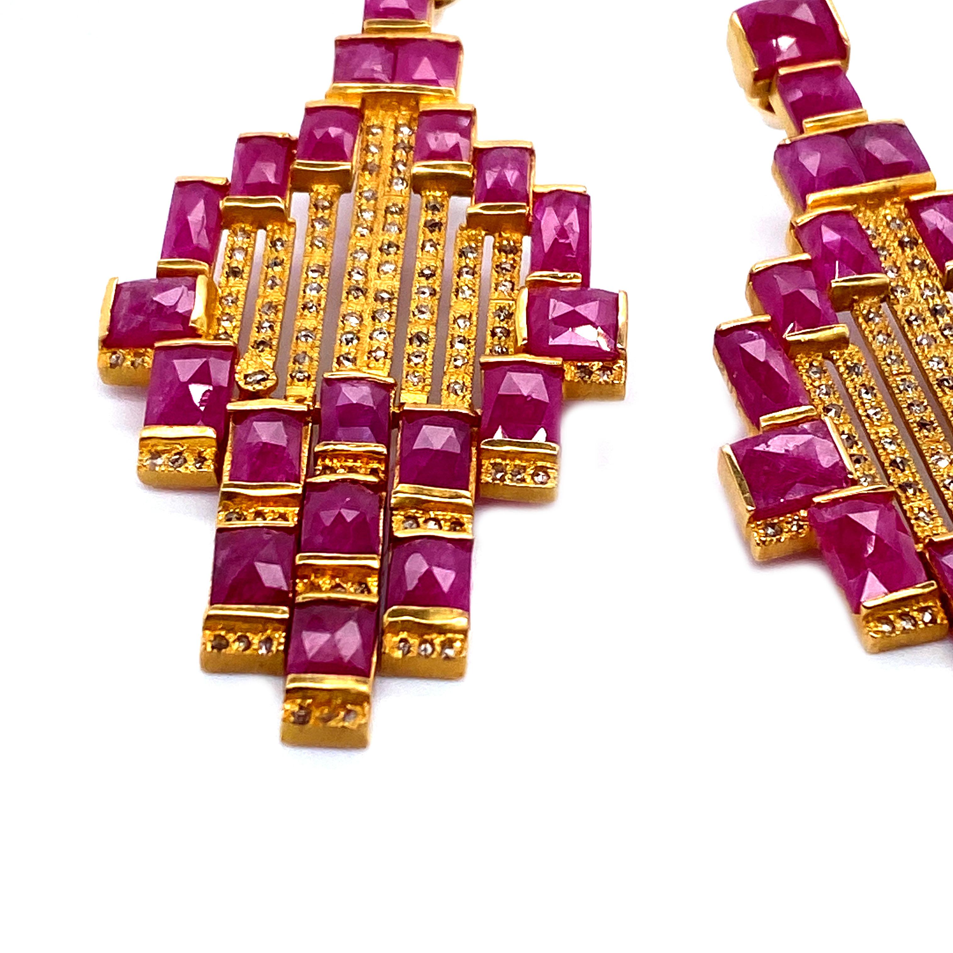 Square Cut Art Deco Style Mosaic 20 Karat Yellow Gold Ruby Drop Coomi Earrings For Sale
