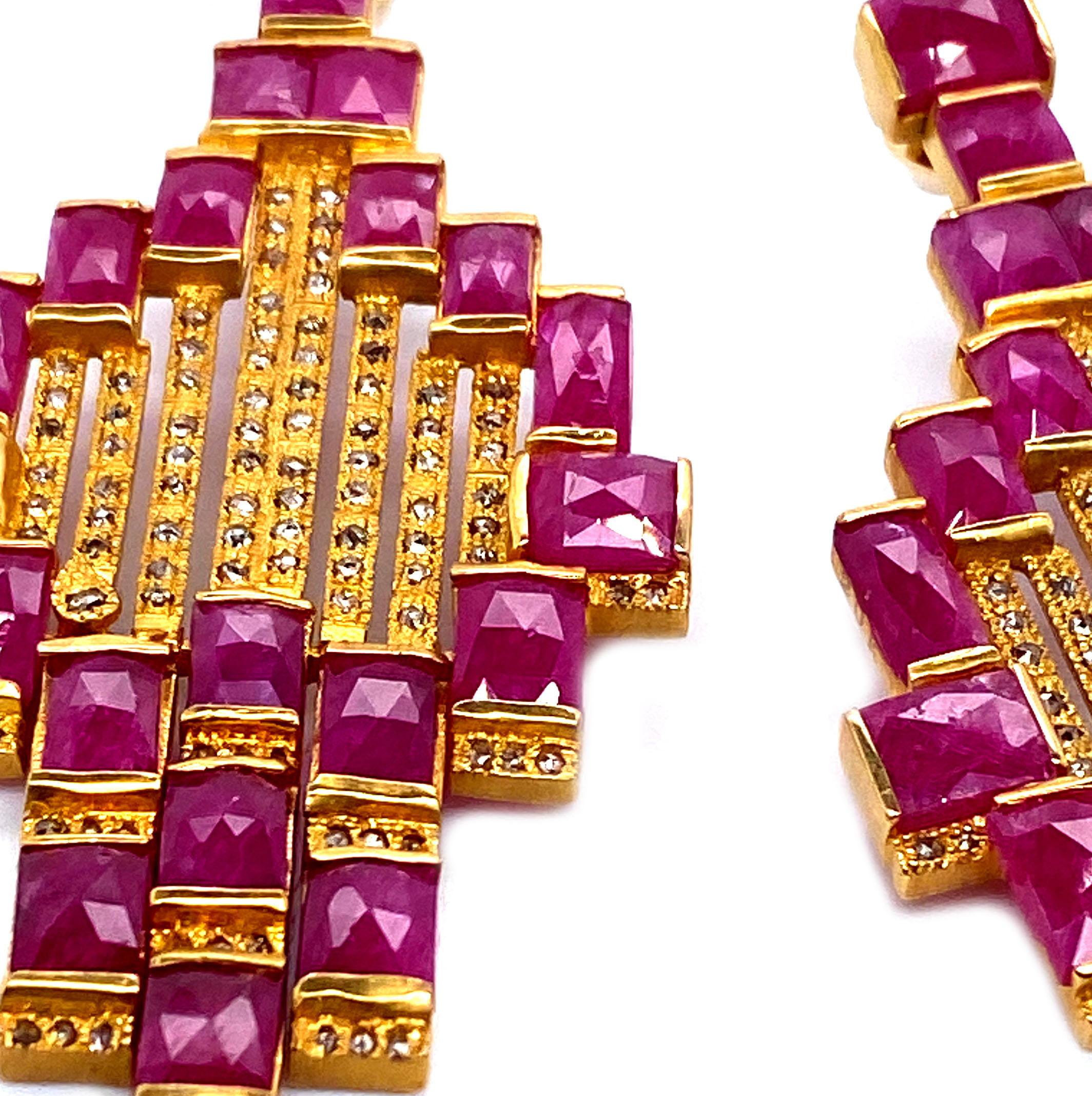 Art Deco Style Mosaic 20 Karat Yellow Gold Ruby Drop Coomi Earrings In New Condition For Sale In Secaucus, NJ
