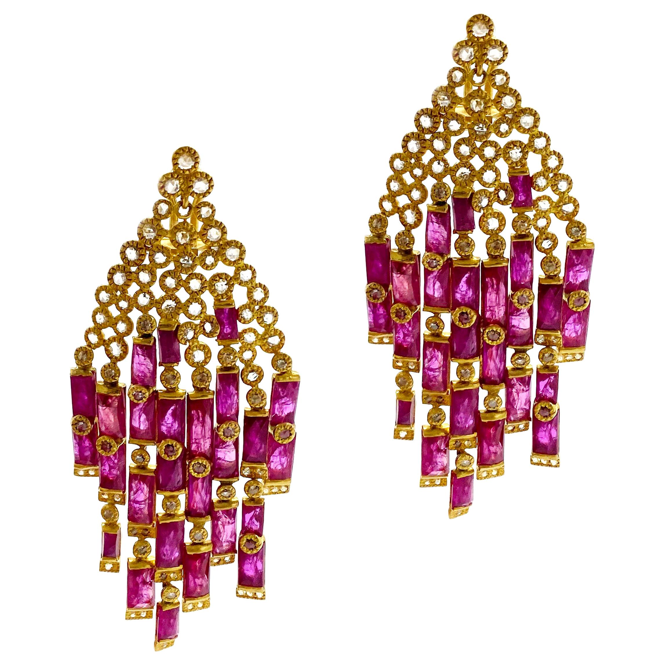 Art Deco Style Mosaic 31.36 carat Ruby Coomi Tassel Chandelier Earrings For Sale