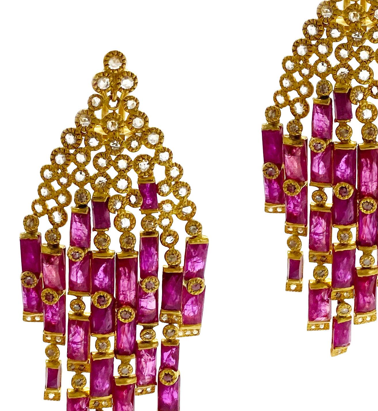 Bold design and Tassel Chandelier statement earrings set in 20 Karat Yellow Gold with Ruby weighing at approximately 31.36cts Ruby and Diamonds 3.84cts, brought to you from the Luminosity collection of Coomi, which consists of bold design and