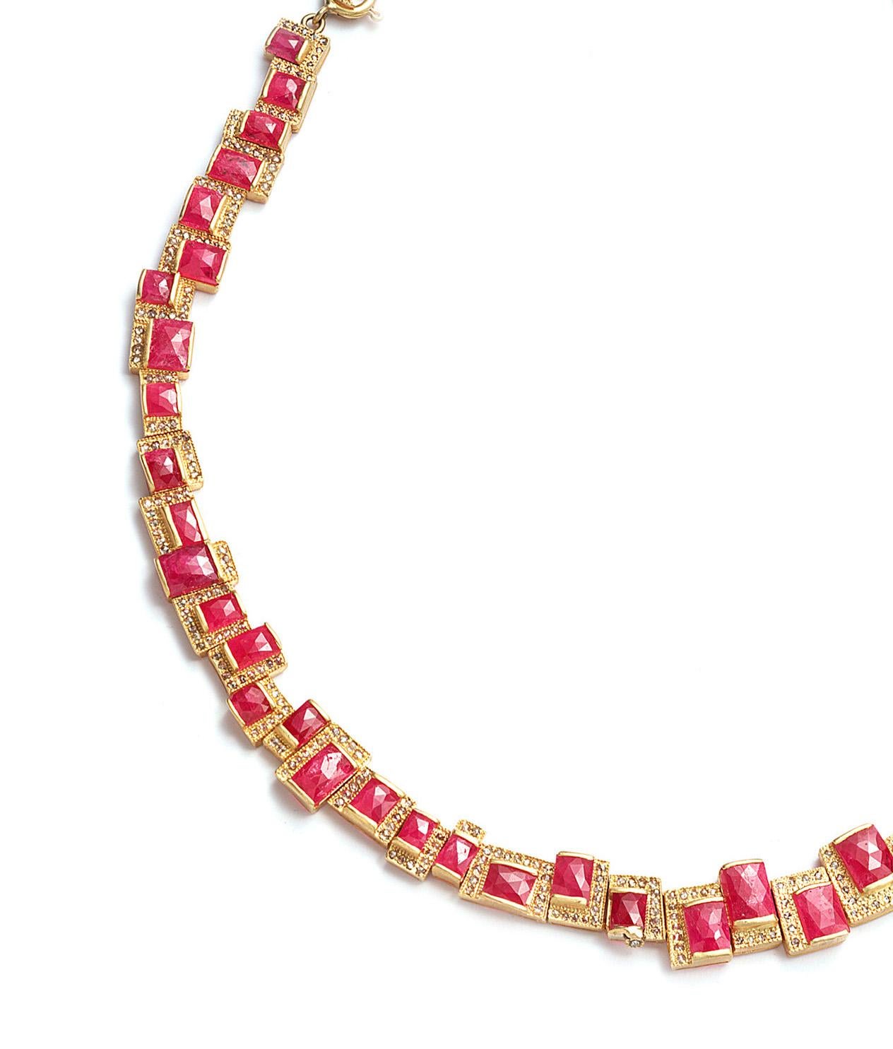 Stunning and remarkable necklace Art Deco Style and Mosaic from Coomi inspire her. Crafted in rich 20 Karat Yellow Gold with Mozambic Ruby weighing approximately 51.55cts and Diamonds 3.04cts, brought to you from the Luminosity collection, which