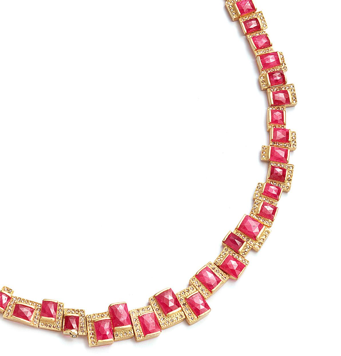Square Cut Art Deco Style Mosaic 51.55 Carat Ruby Checkers Coomi Necklace