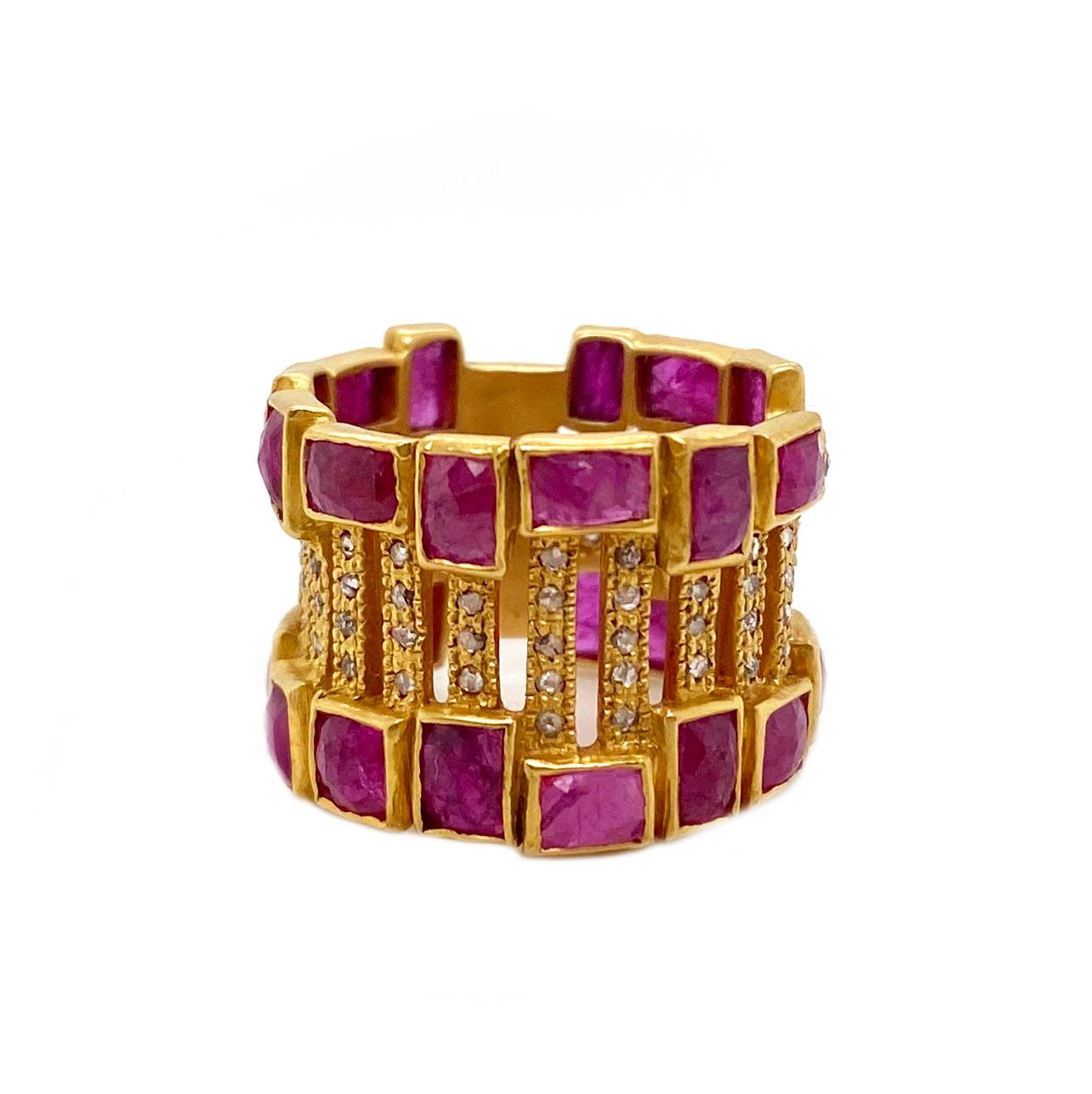 Stunning and one of a kind cocktail brand ring showcasing in 20K Yellow Gold and handcrafted in 7.40cts Ruby and 0.43cts Diamonds, brought to you by the Luminosity collection from Coomi, which consists of bold design and reflects light from within