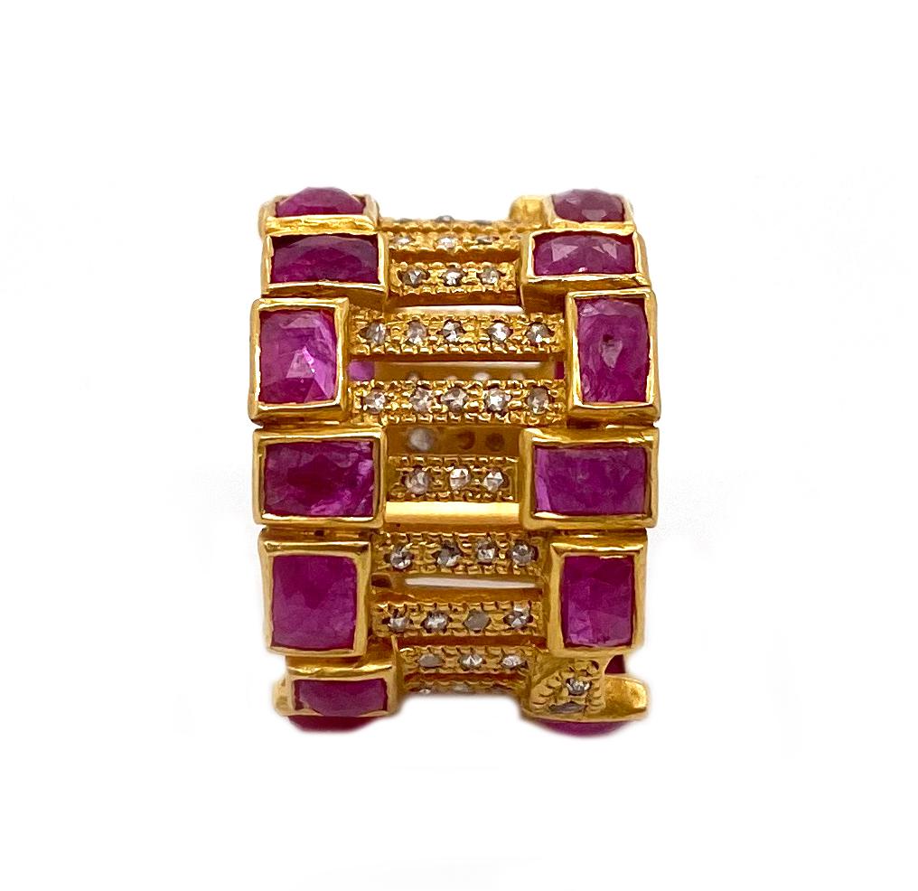 Square Cut Art Deco Style Mosaic Cocktail Band 20 Karat Yellow Gold Ruby Coomi Ring For Sale