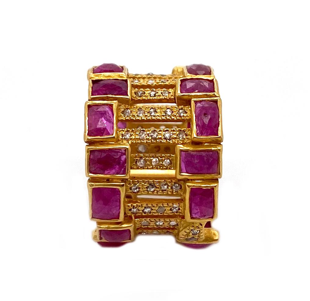 Square Cut Art Deco Style Mosaic Cocktail Band 20 Karat Yellow Gold Ruby Coomi Ring For Sale