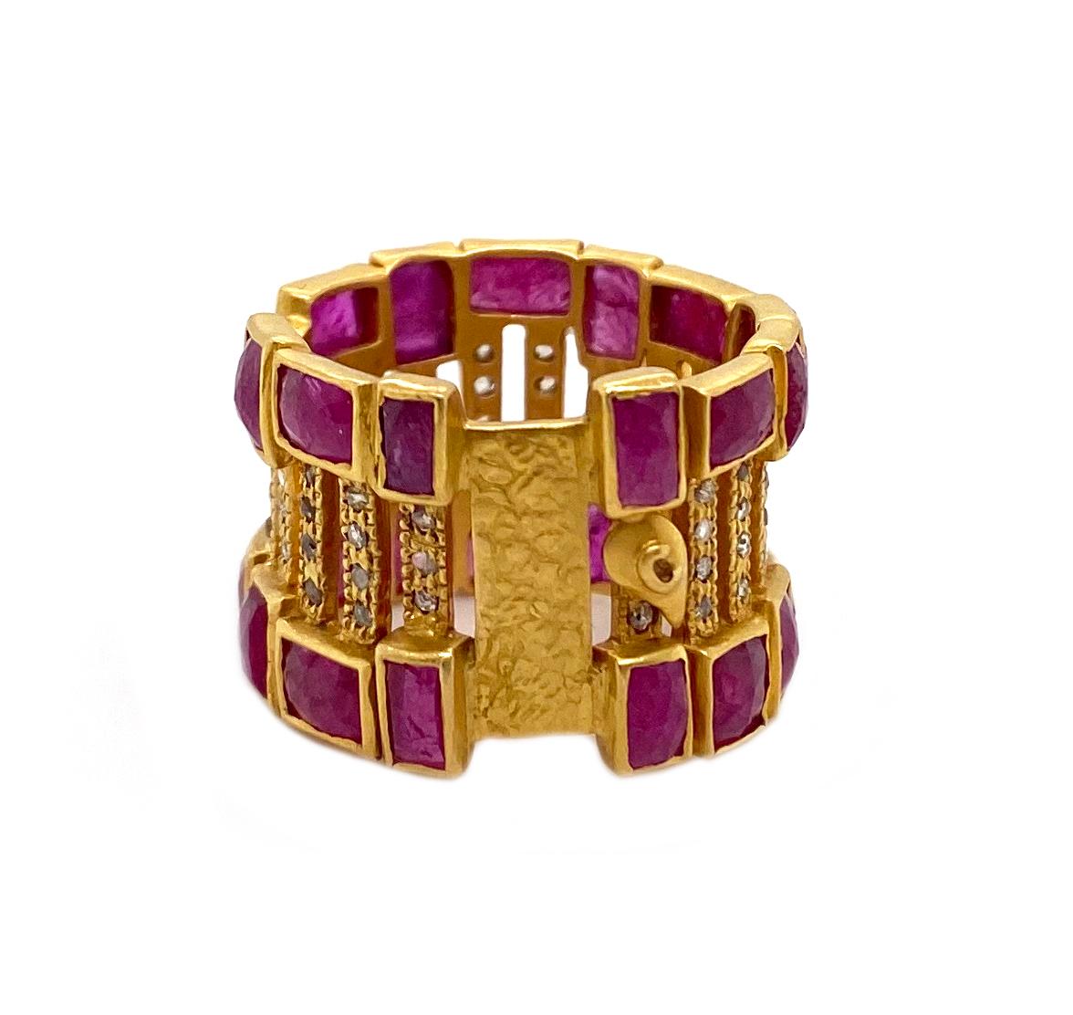Art Deco Style Mosaic Cocktail Band 20 Karat Yellow Gold Ruby Coomi Ring In New Condition For Sale In Secaucus, NJ