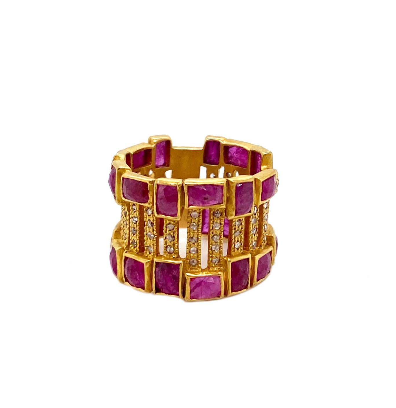 Women's Art Deco Style Mosaic Cocktail Band 20 Karat Yellow Gold Ruby Coomi Ring For Sale