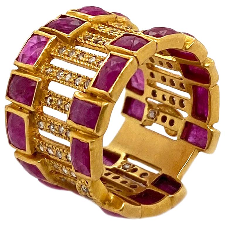 Art Deco Style Mosaic Cocktail Band 20 Karat Yellow Gold Ruby Coomi Ring For Sale