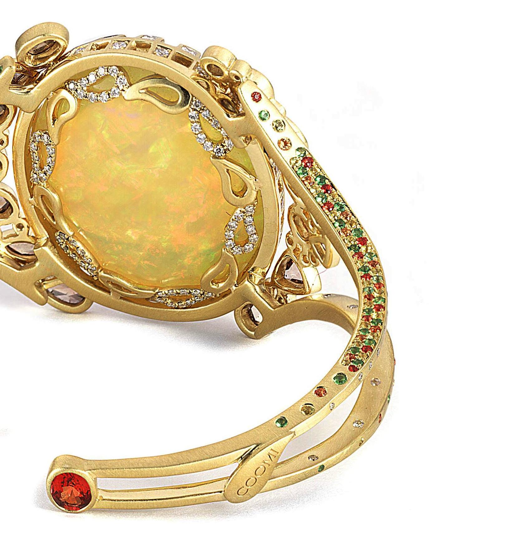 Art Deco Style Mosaic Opal 20 Karat Yellow Gold Coomi Bracelet Cuff In New Condition In Secaucus, NJ