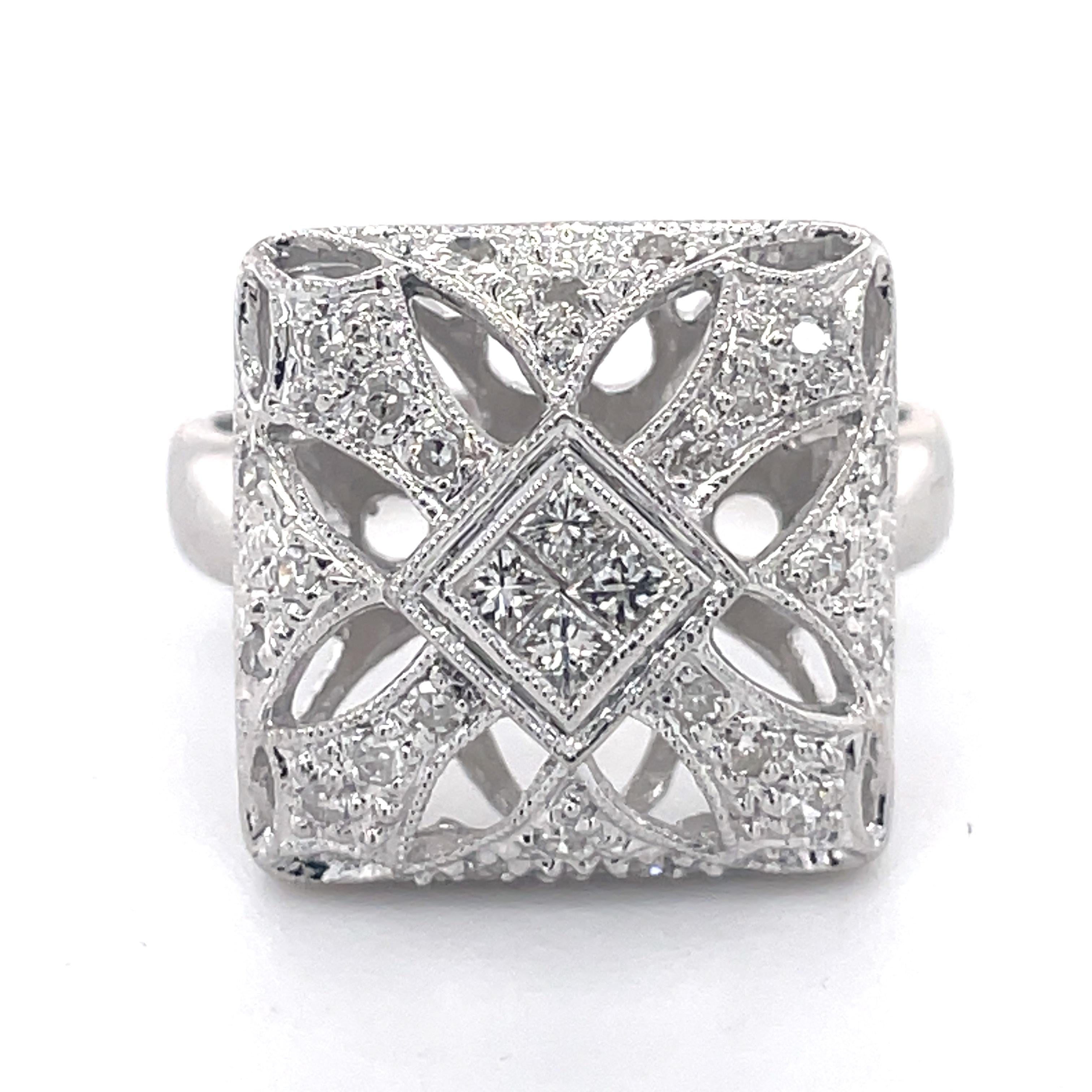 Art Deco Mosaic Style Cocktail Ring - 14K White Gold, 0.78ct Netural Diaonds For Sale 5
