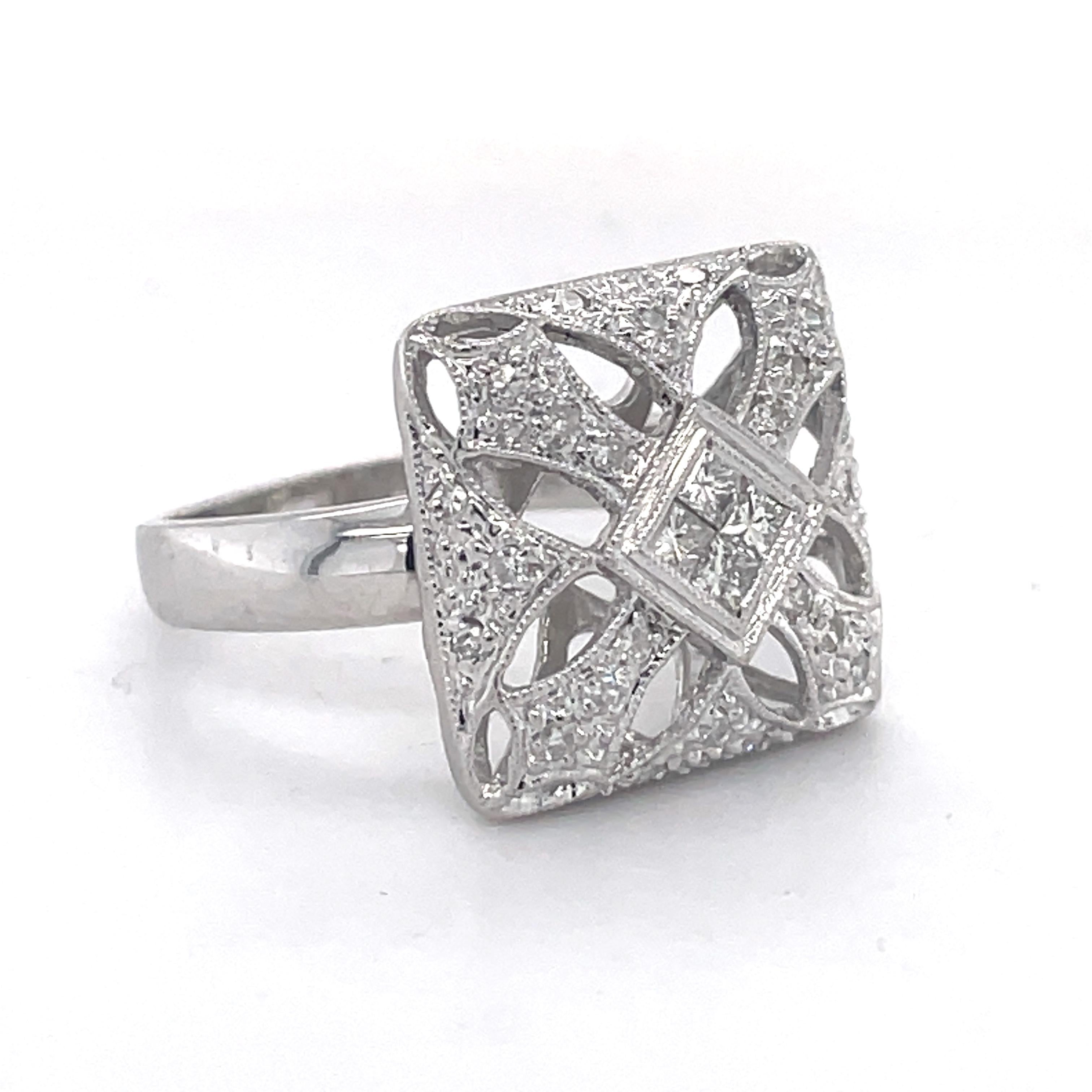 Art Deco Mosaic Style Cocktail Ring - 14K White Gold, 0.78ct Netural Diaonds For Sale 10