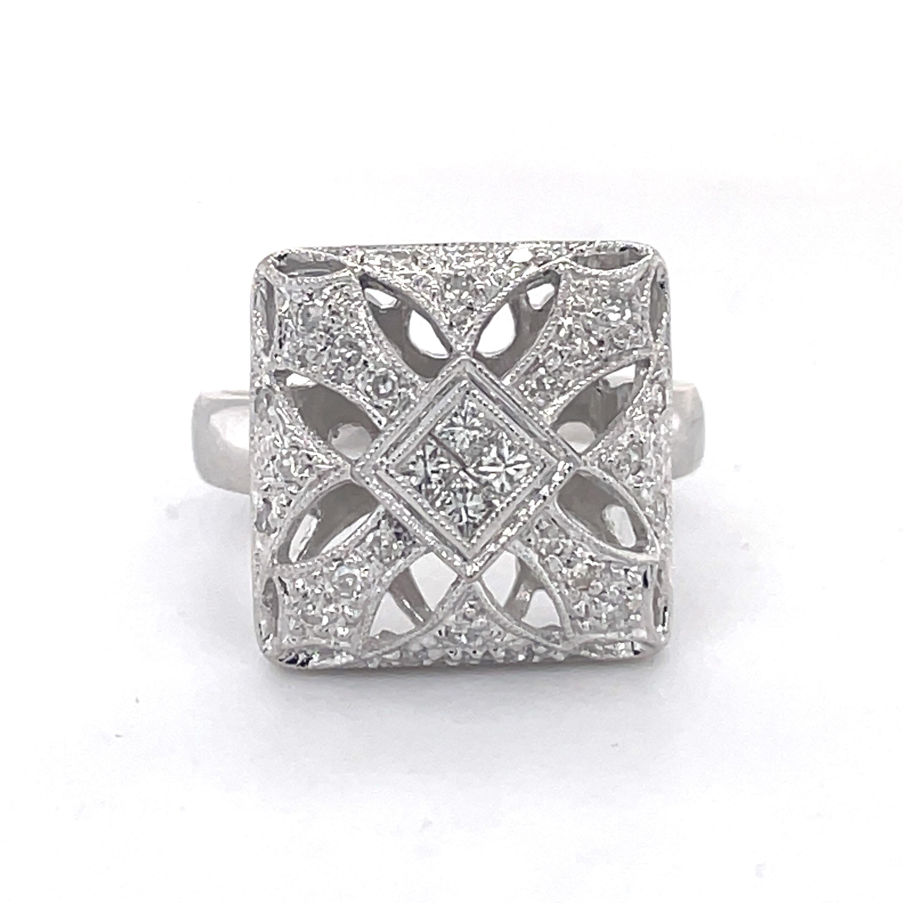 Art Deco Mosaic Style Cocktail Ring - 14K White Gold, 0.78ct Netural Diaonds For Sale 11