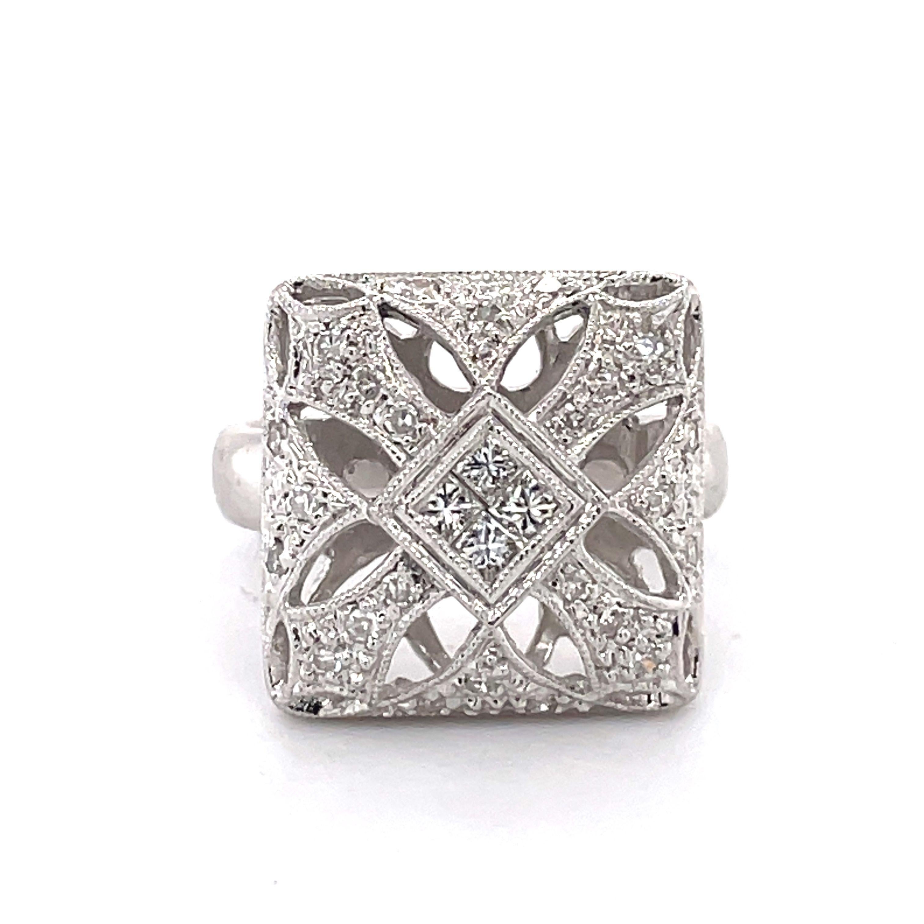 Princess Cut Art Deco Mosaic Style Cocktail Ring - 14K White Gold, 0.78ct Netural Diaonds For Sale