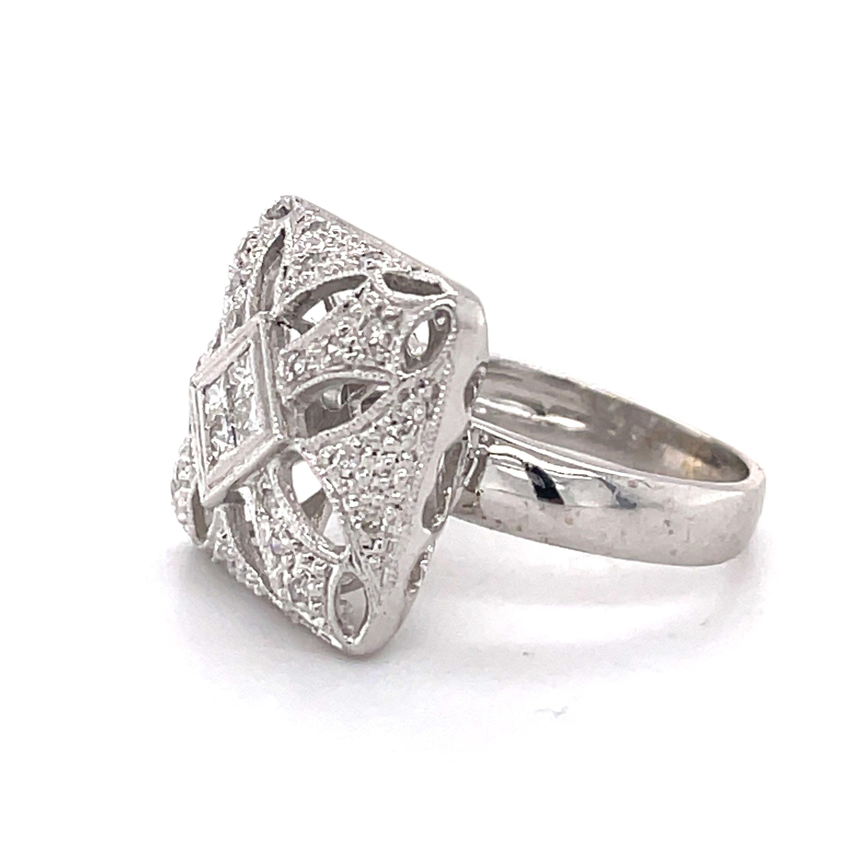 Art Deco Mosaic Style Cocktail Ring - 14K White Gold, 0.78ct Netural Diaonds For Sale 3