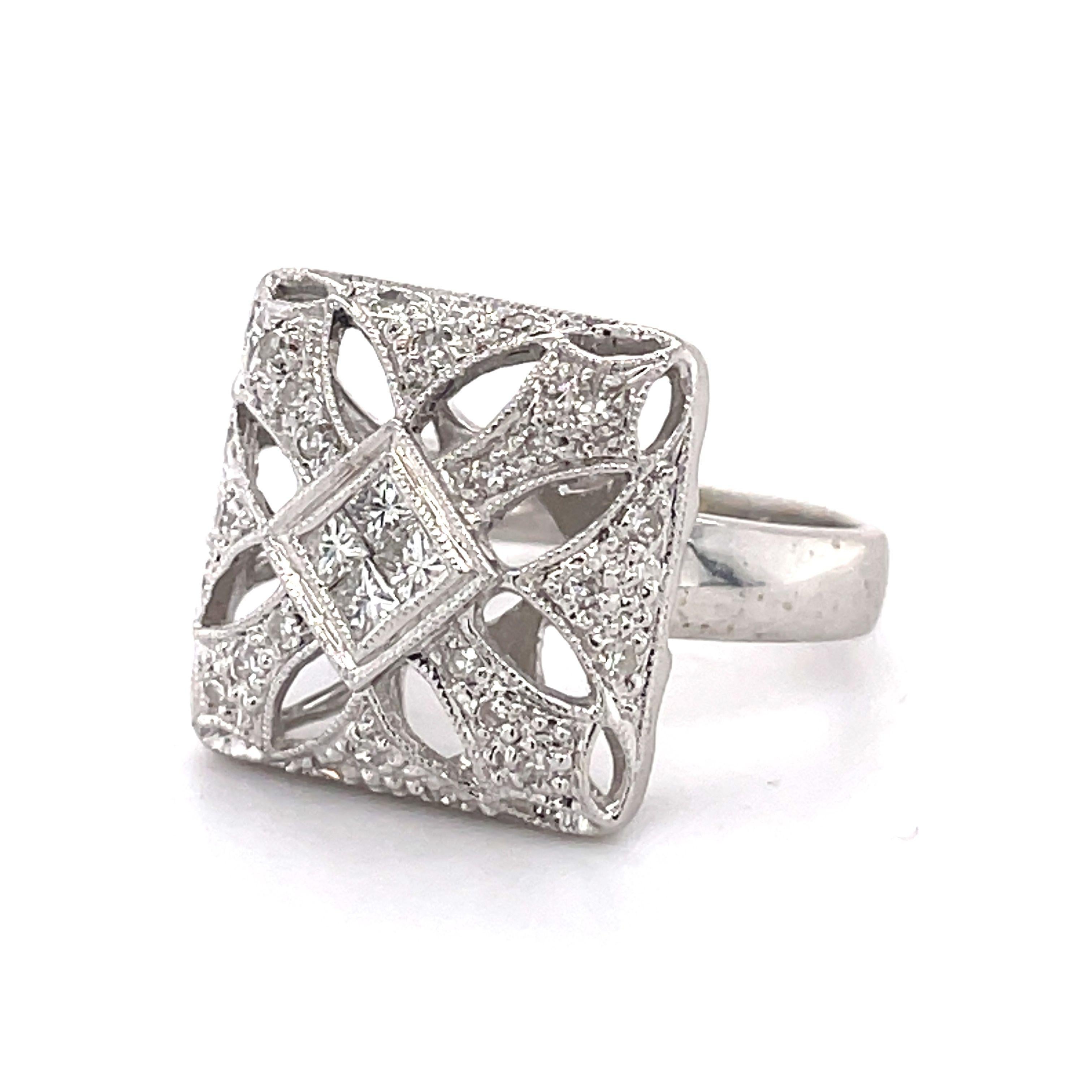 Art Deco Mosaic Style Cocktail Ring - 14K White Gold, 0.78ct Netural Diaonds For Sale 4