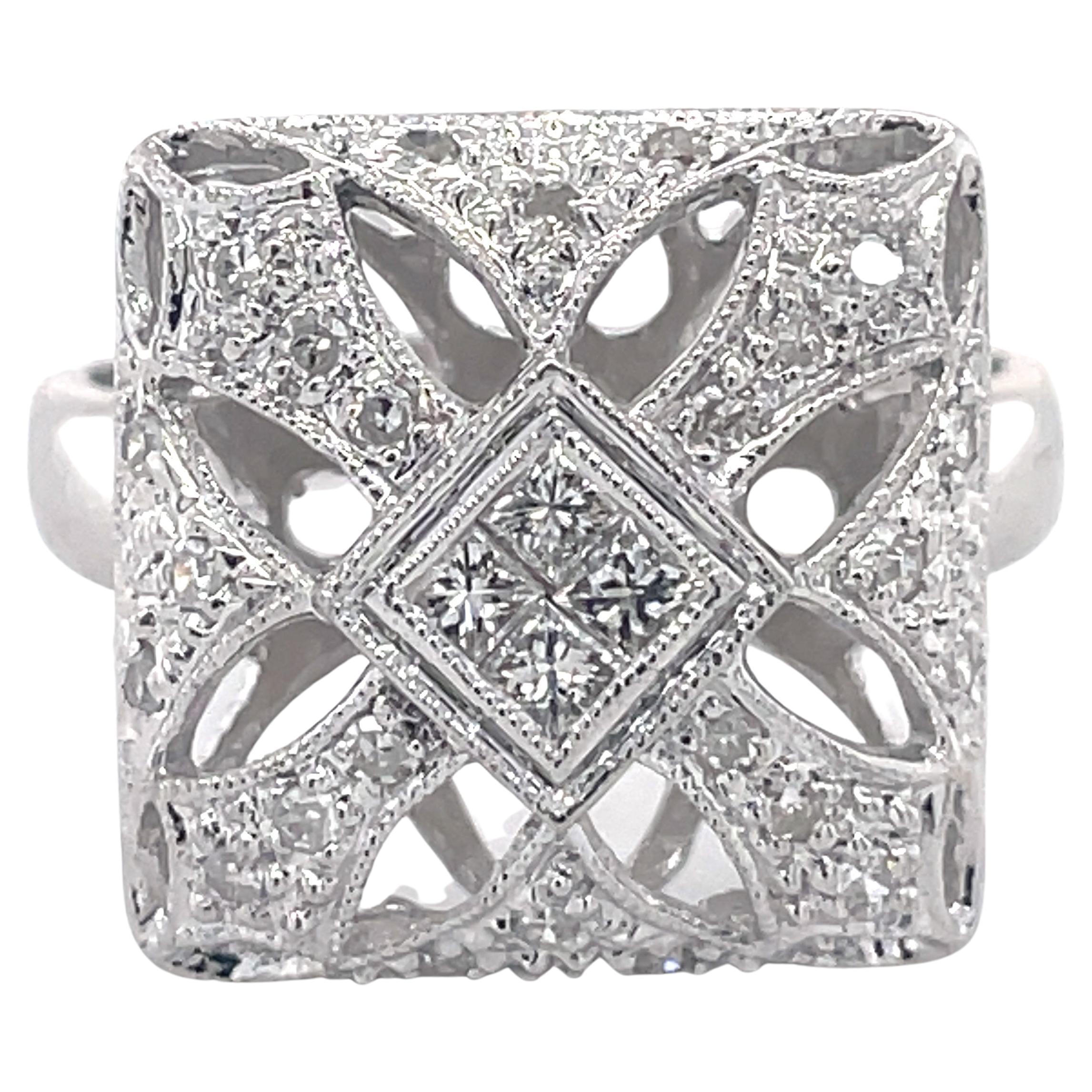 Art Deco Mosaic Style Cocktail Ring - 14K White Gold, 0.78ct Netural Diaonds For Sale