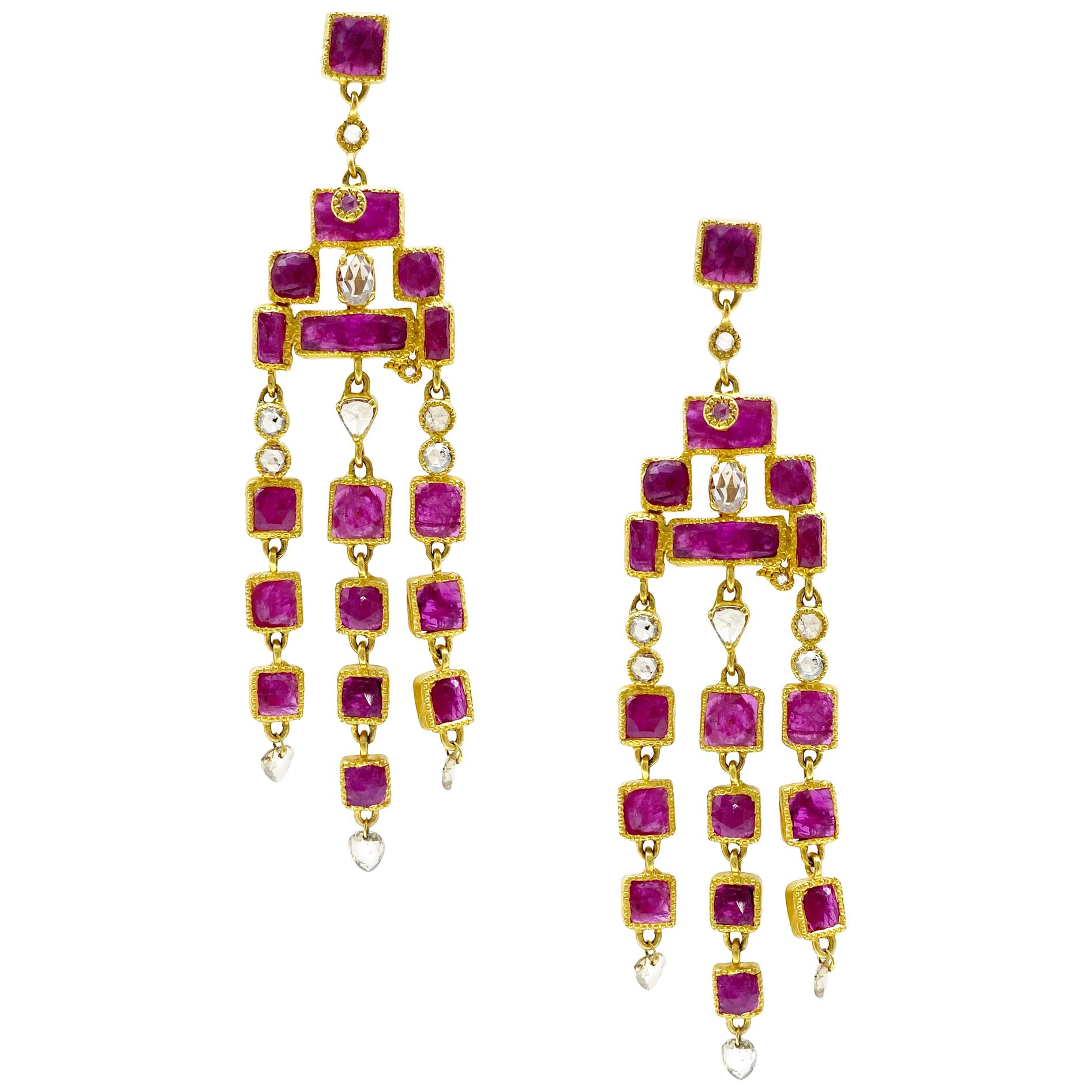 Art Deco Style Mosaic Waterfall Drop 20 Karat Yellow Gold Ruby Coomi Earrings