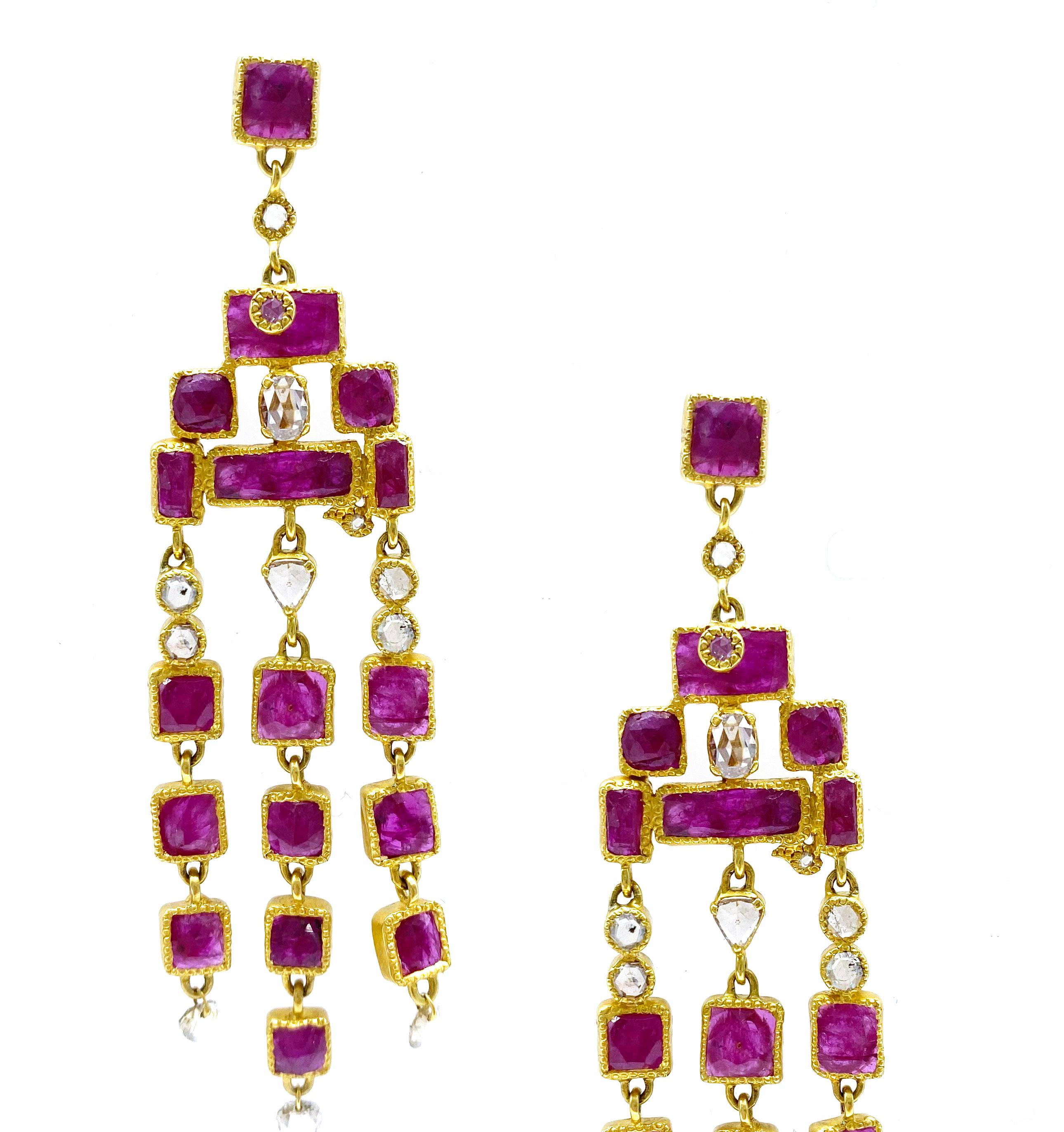 Art Deco Style Mosaic Waterfall Drop 20 Karat Yellow Gold Ruby Coomi Earrings In New Condition In Secaucus, NJ
