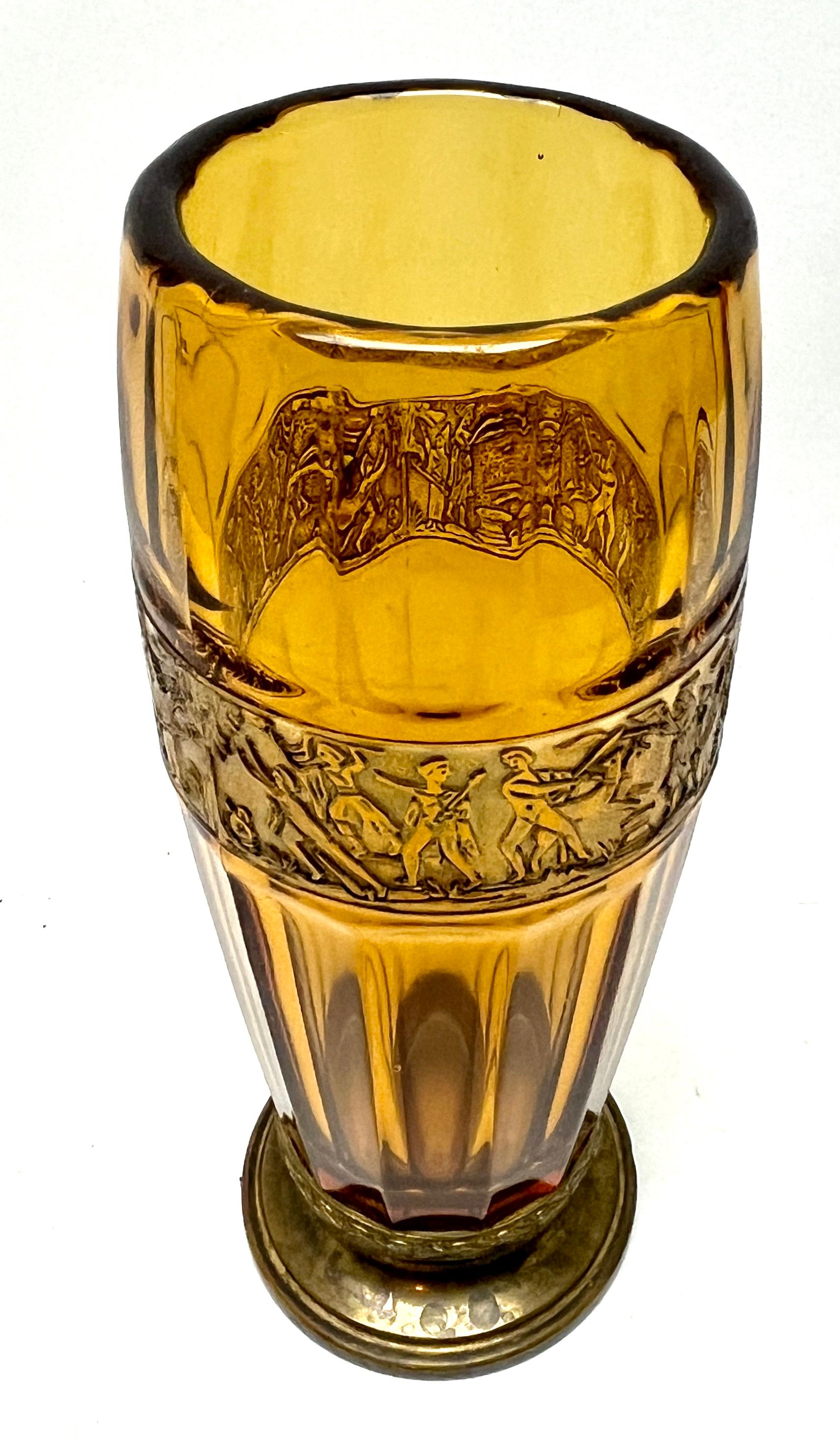 Czech Art Deco Moser & Söhne Carlsbad Amber Glass Vase on Metal Foot, Relief-Cut Panel