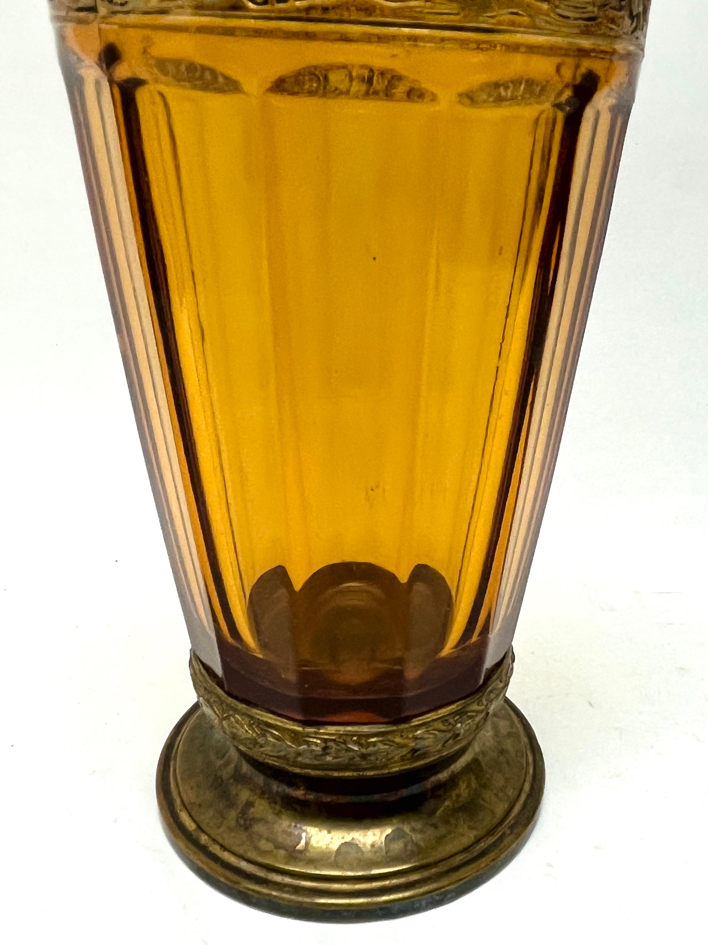 Faceted Art Deco Moser & Söhne Carlsbad Amber Glass Vase on Metal Foot, Relief-Cut Panel