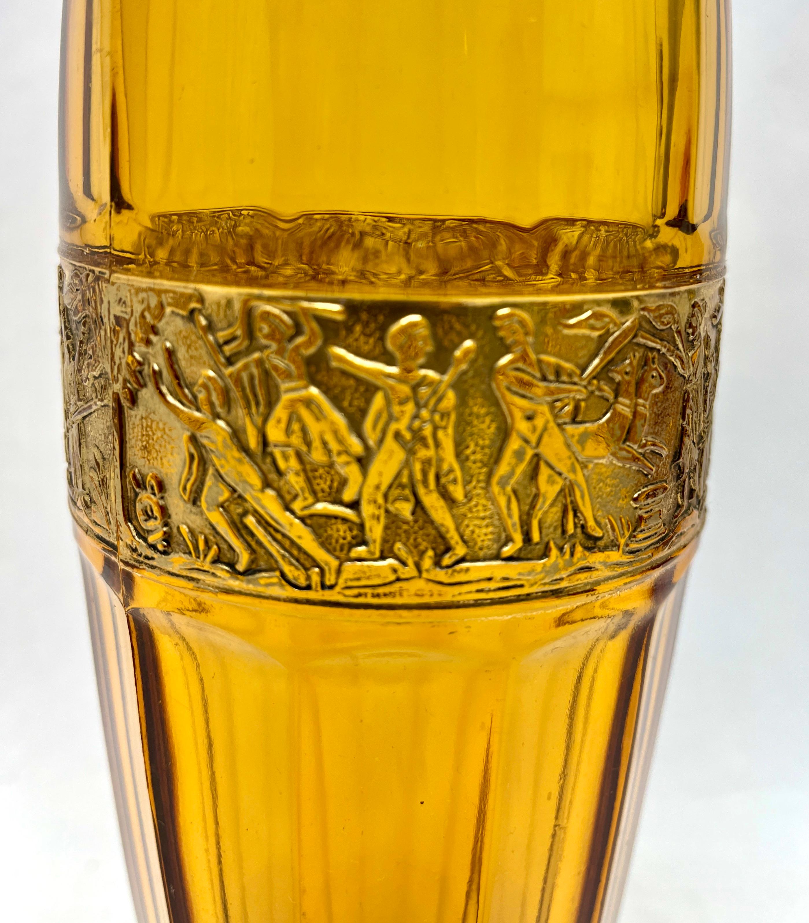Art Deco Moser & Söhne Carlsbad Amber Glass Vase on Metal Foot, Relief-Cut Panel In Good Condition In Verviers, BE