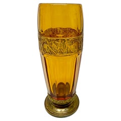 Art Deco Moser & Söhne Carlsbad Amber Glass Vase on Metal Foot, Relief-Cut Panel
