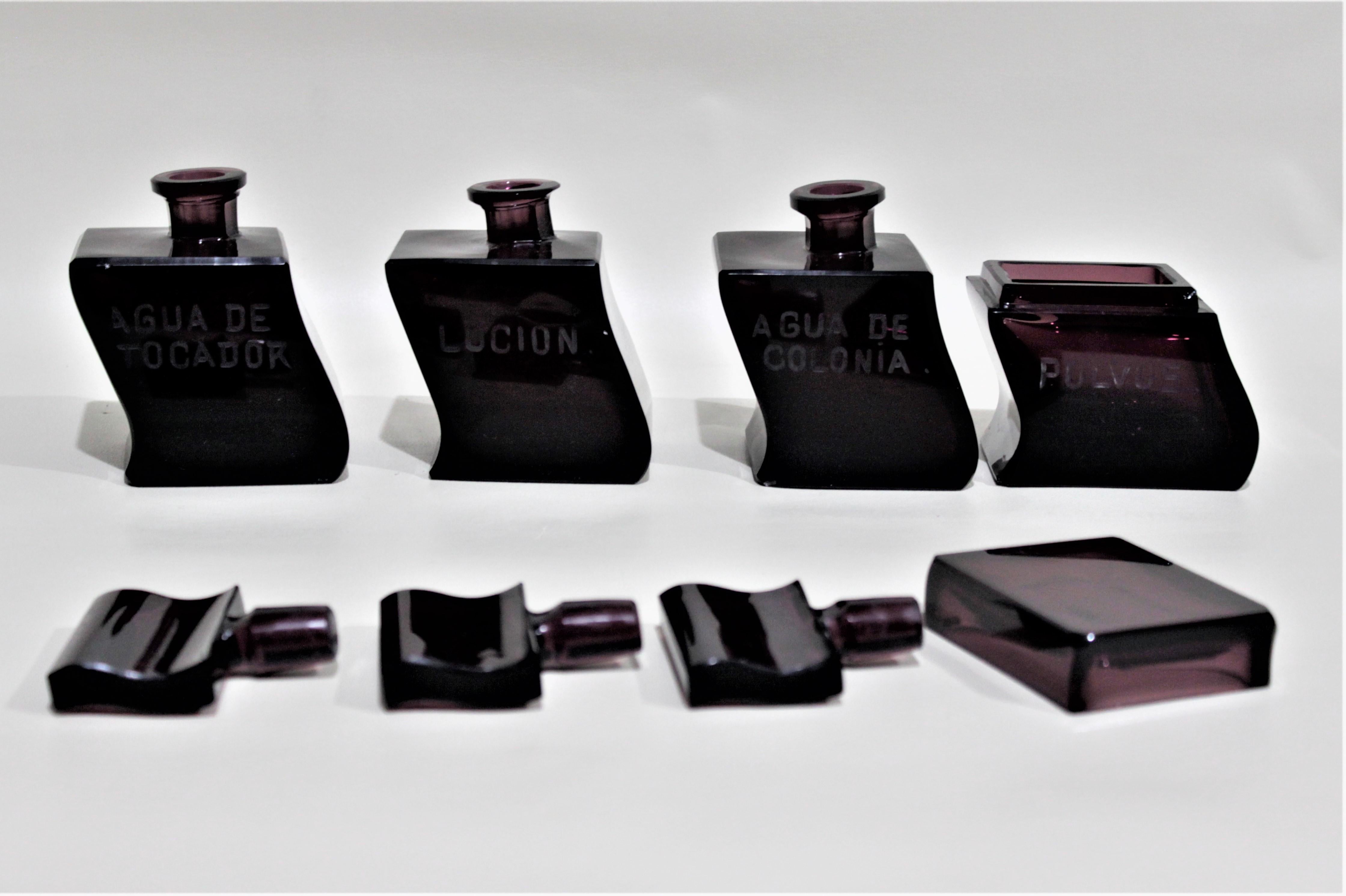 Art Deco Moser Style Interlocking Amethyst Crystal Perfume Bottles and Jar Set For Sale 2