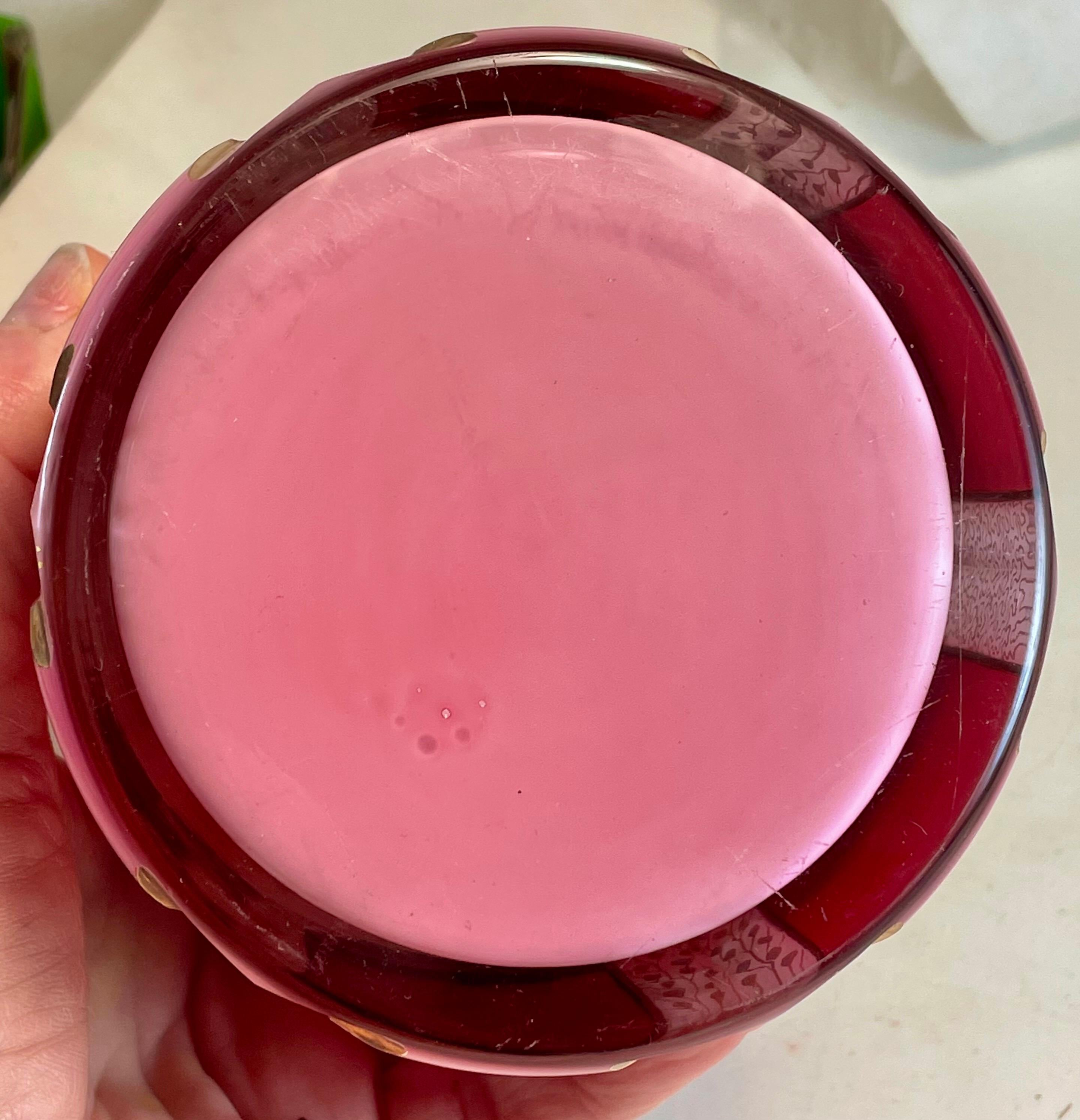 Art Deco Moser Style Pink Clear White Cased Cut Glass Hinged Lid Lg Dresser Box en vente 8