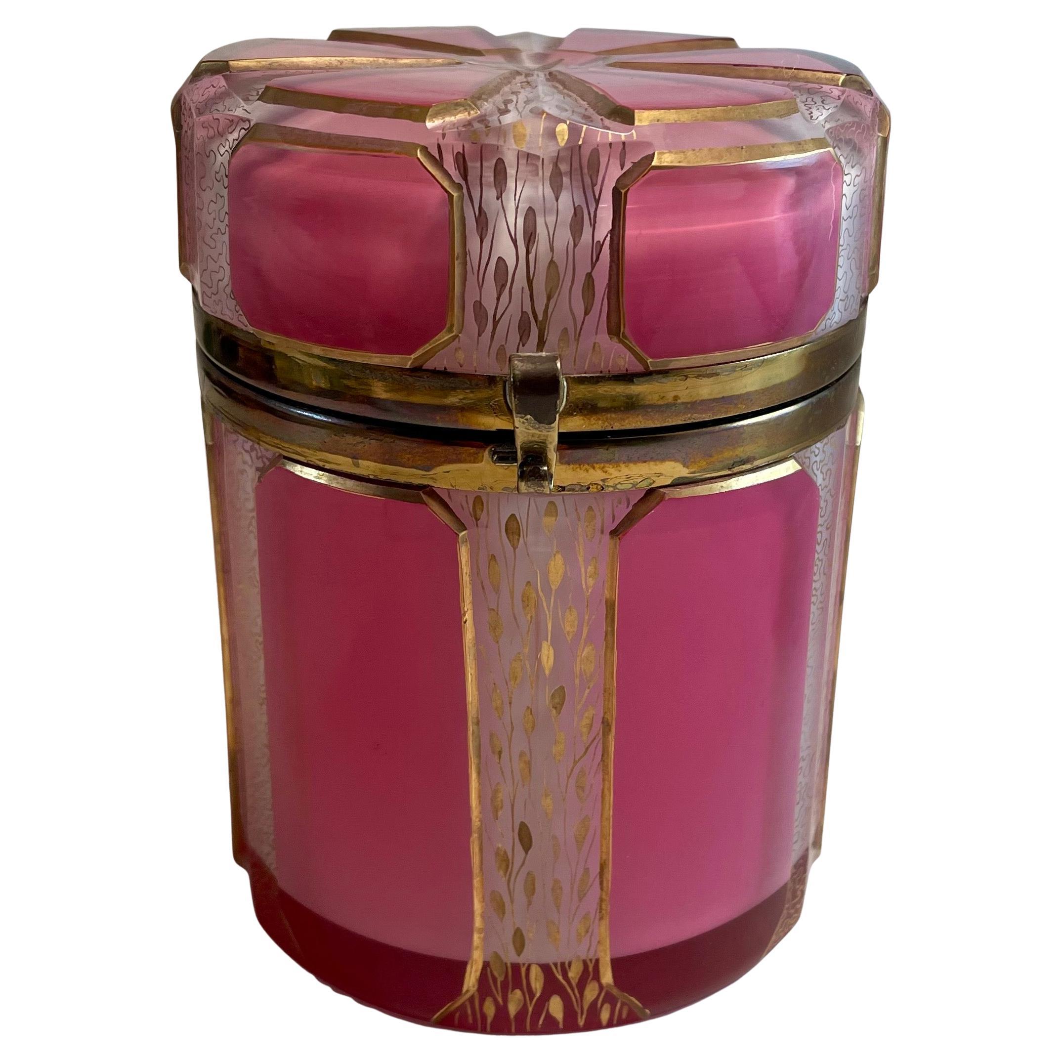 Art Deco Moser Style Pink Clear White Cased Cut Glass Hinged Lid Lg Dresser Box