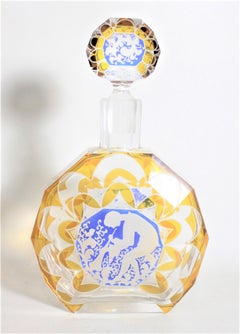 Art Deco Moser Styled Amber Cut to Clear Crystal Decanter with Intaglio Panels