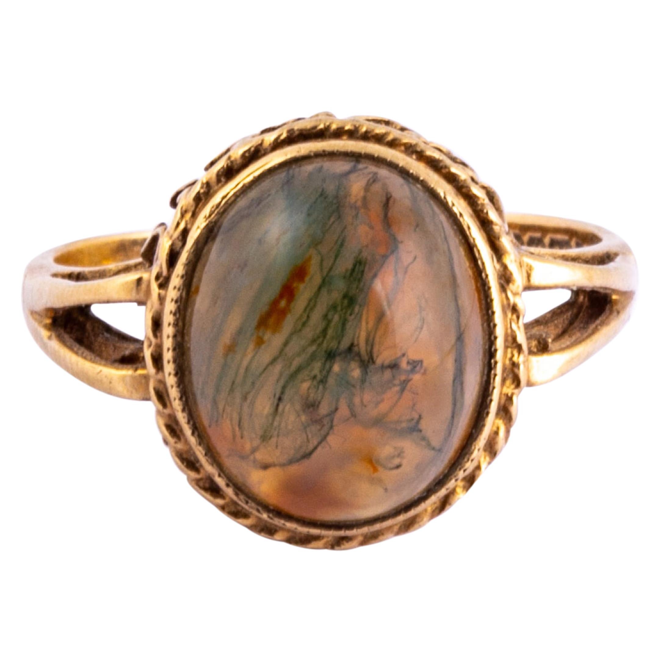 Art Deco Moss Agate and 9 Carat Gold Ring