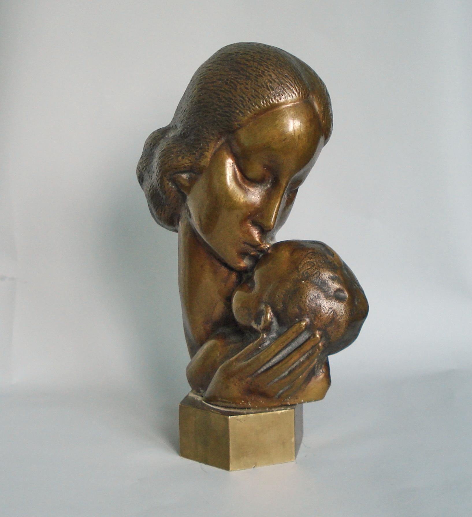 Metal Art Deco Mother and Child Sculpture