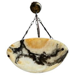 Art Deco Mother Nature Alabaster Pendant, Mineral Stone Shade & Bronzed Chain 