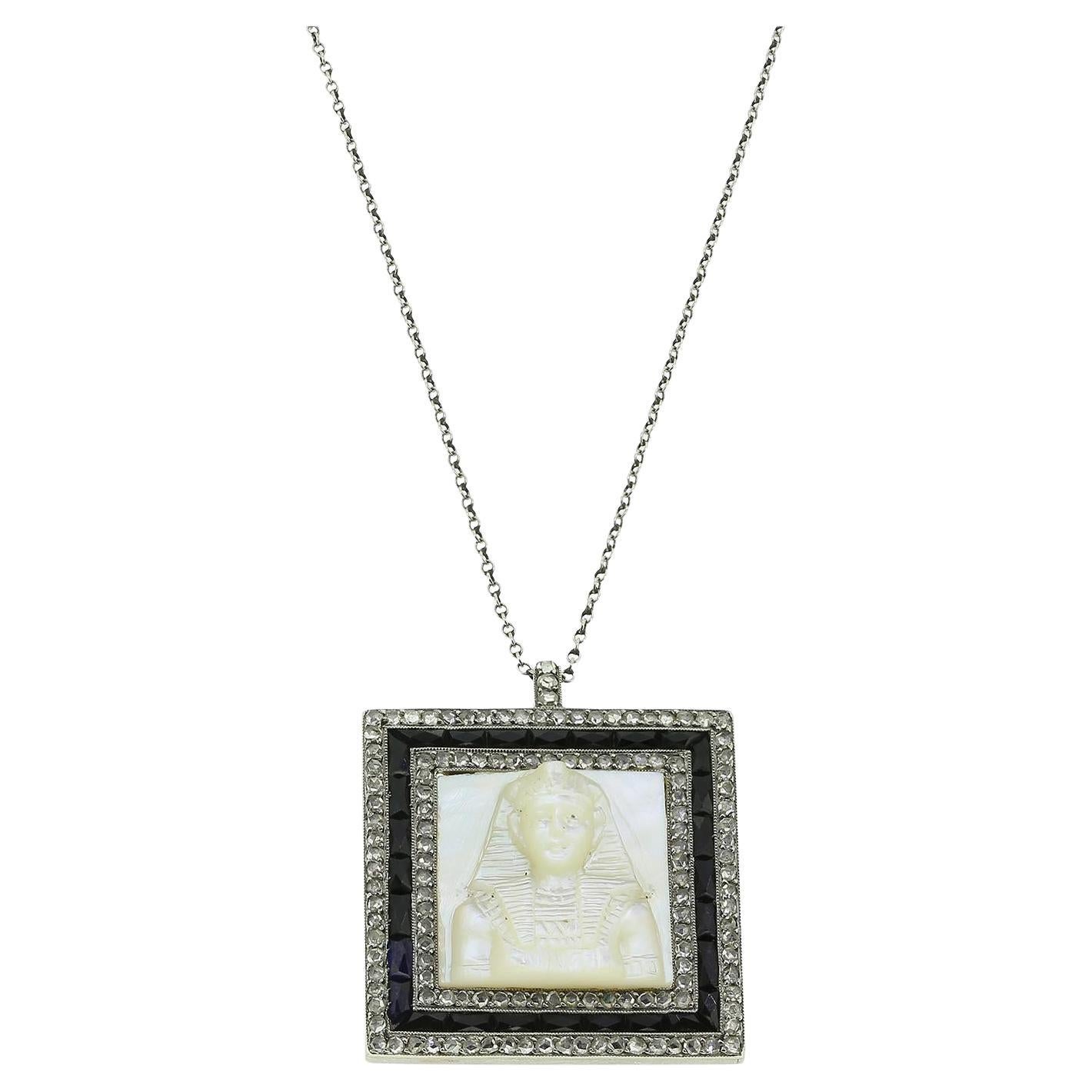 Art Deco Mother of Pearl Sapphire and Diamond Tutankhamun Pendant Necklace For Sale