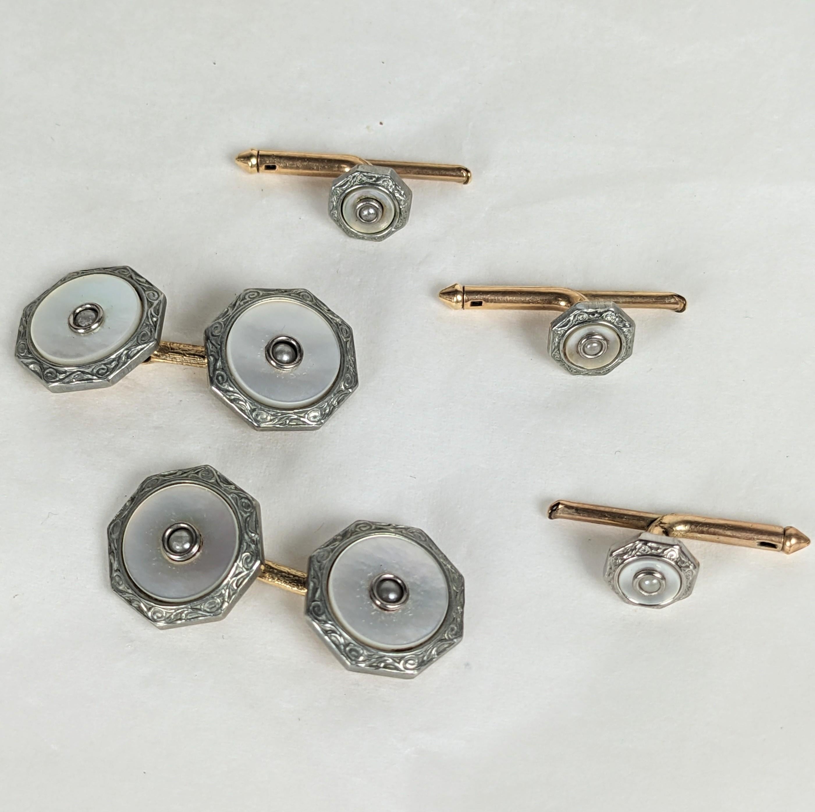 Art Deco Mother of Pearl Stud Set in Box from the 1930's. Set in rolled gold/ silver plated metal with mother of pearl and half pearl center. Original Larter box. 1930's USA. 