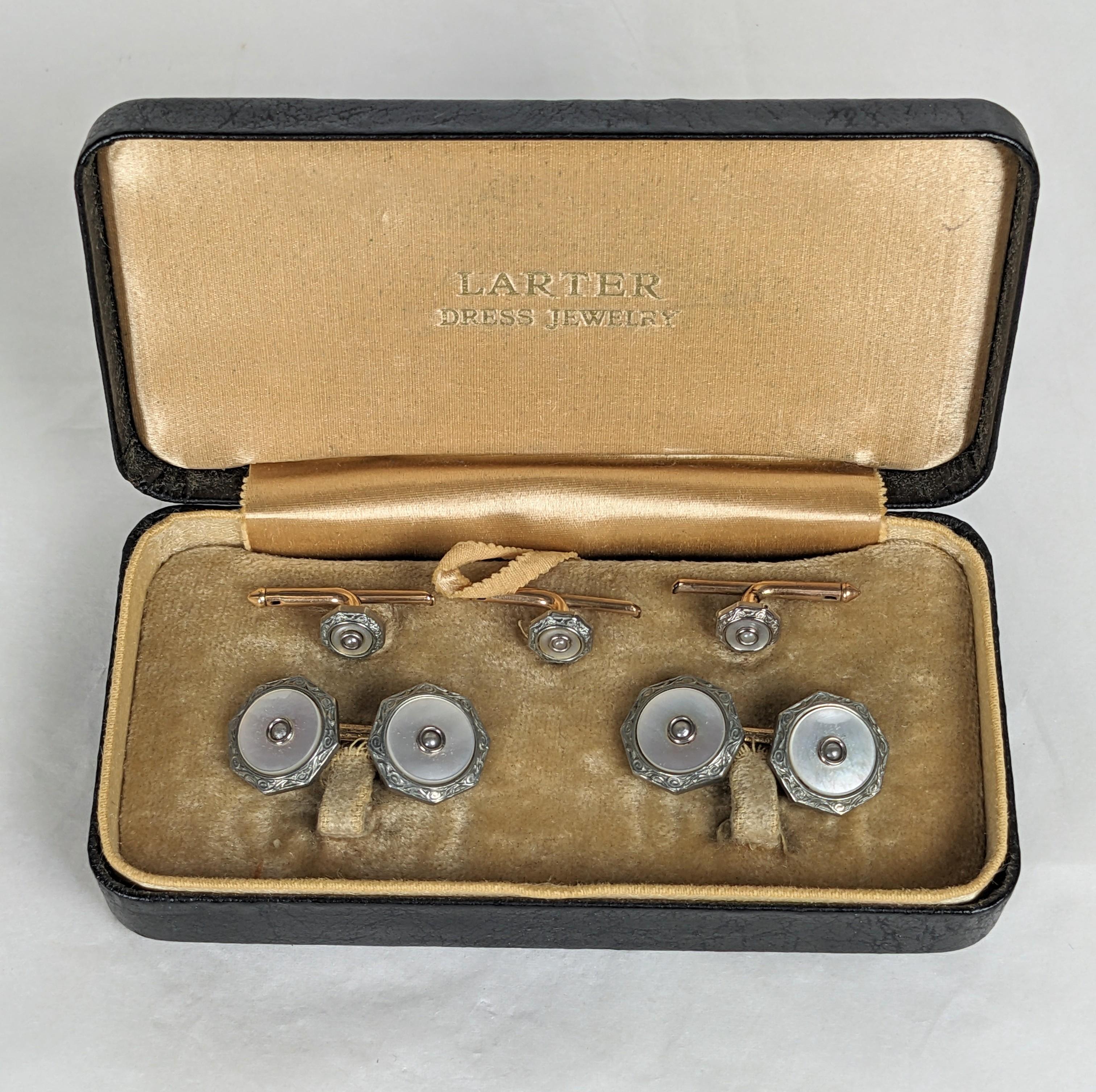 Art Deco Mother of Pearl Stud Set in Box In Good Condition For Sale In New York, NY