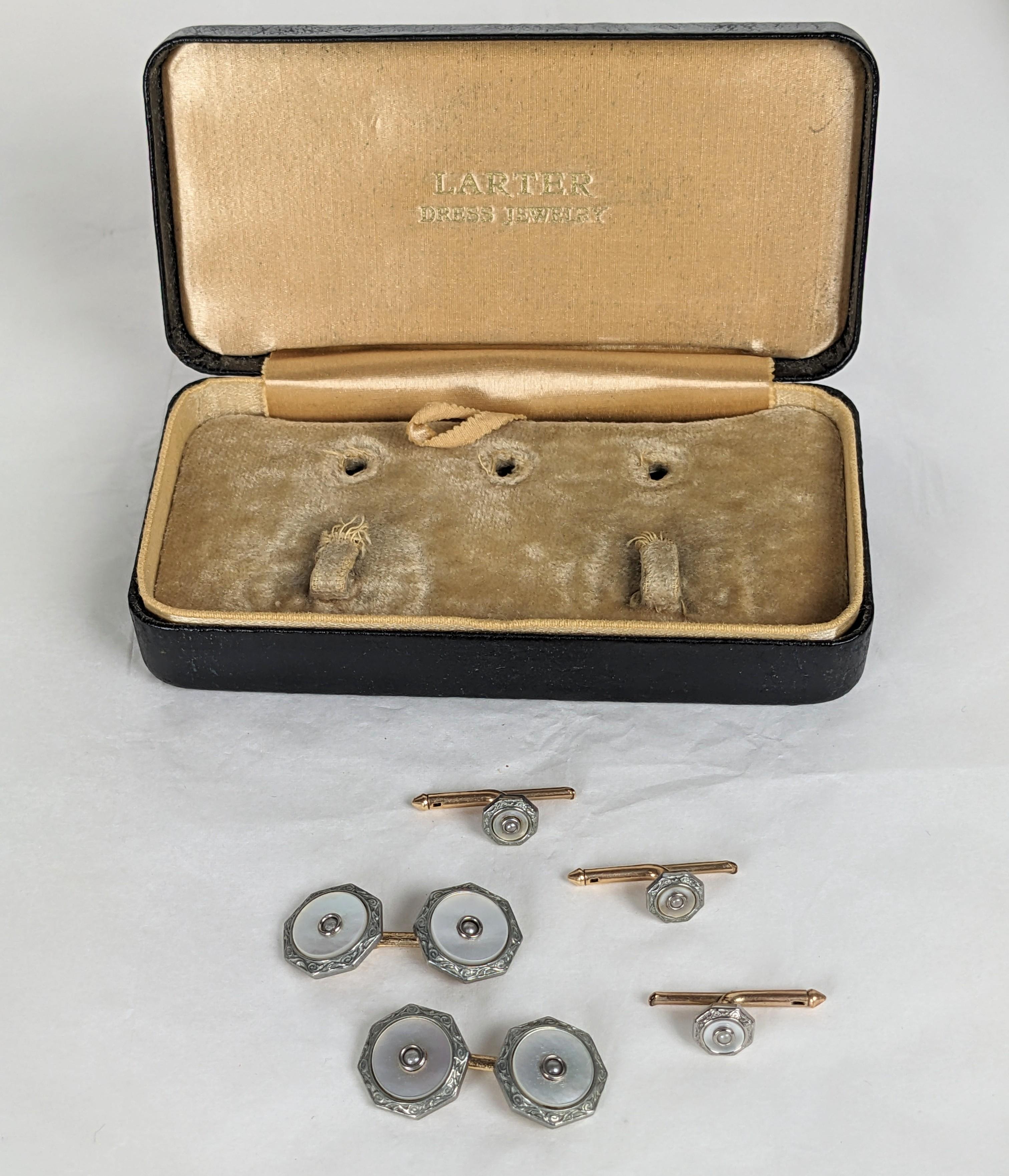 Women's or Men's Art Deco Mother of Pearl Stud Set in Box For Sale