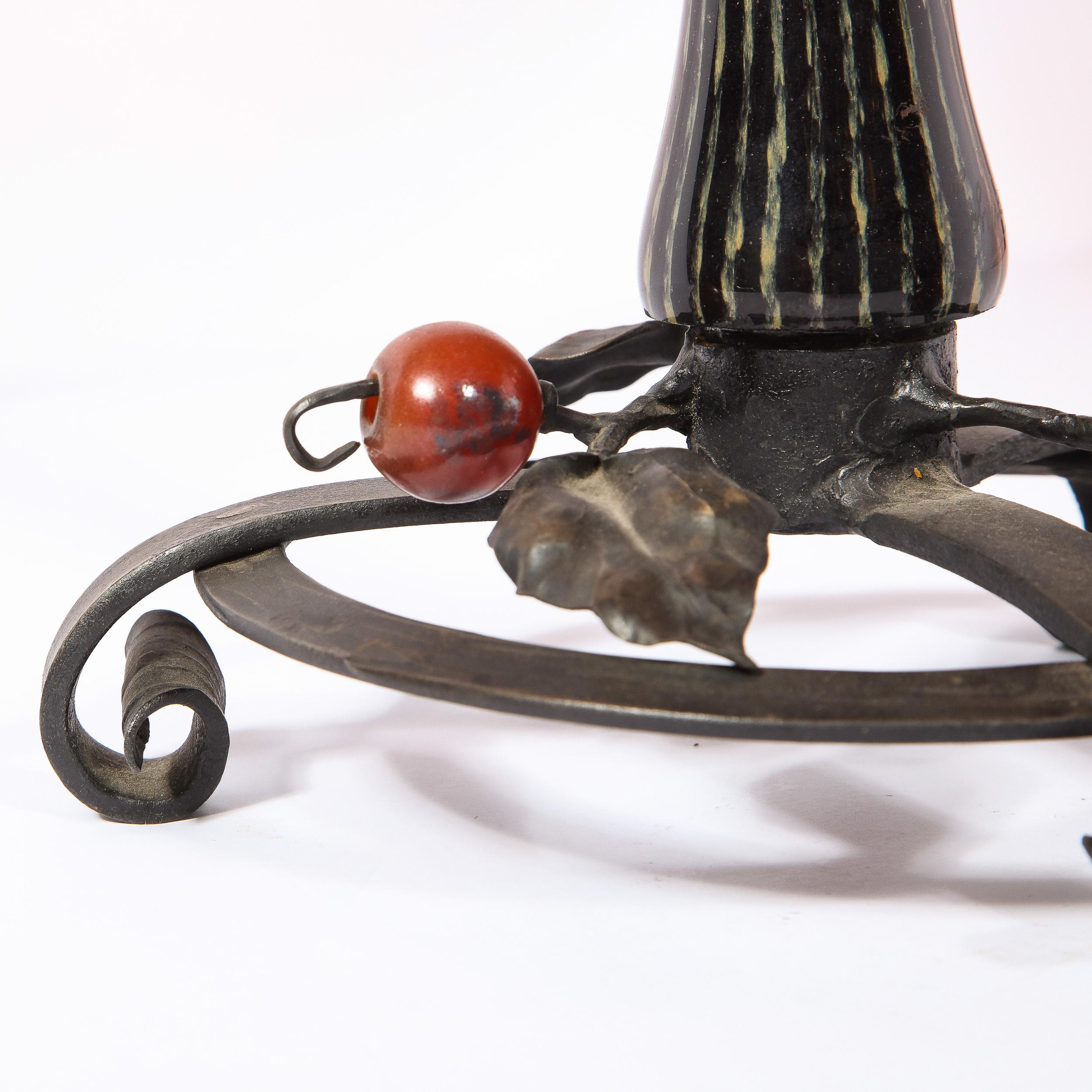 Art Deco Mottled Carnelian Glass Bowl w/ Wrought Iron Base Signed by Schneider 4