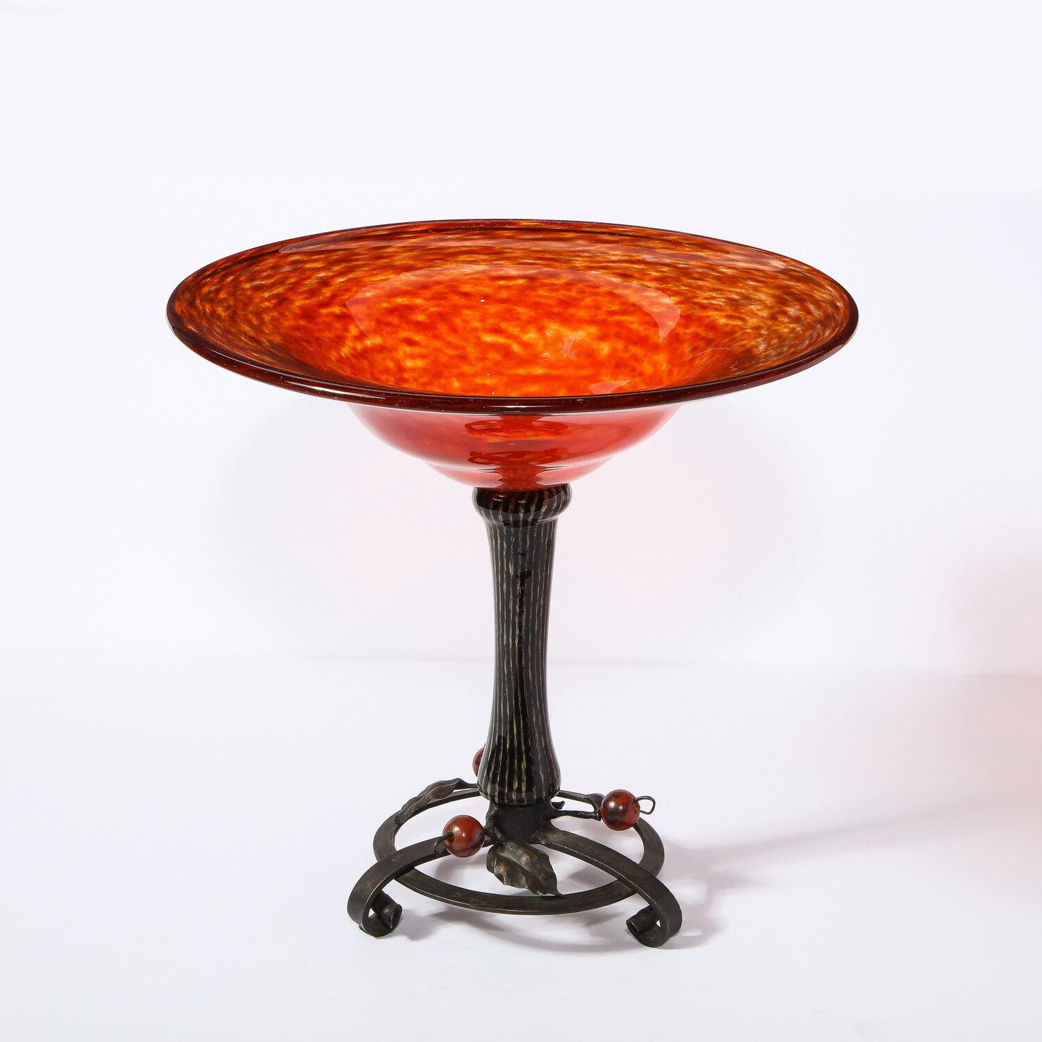 French Art Deco Mottled Carnelian Glass Bowl w/ Wrought Iron Base Signed by Schneider For Sale