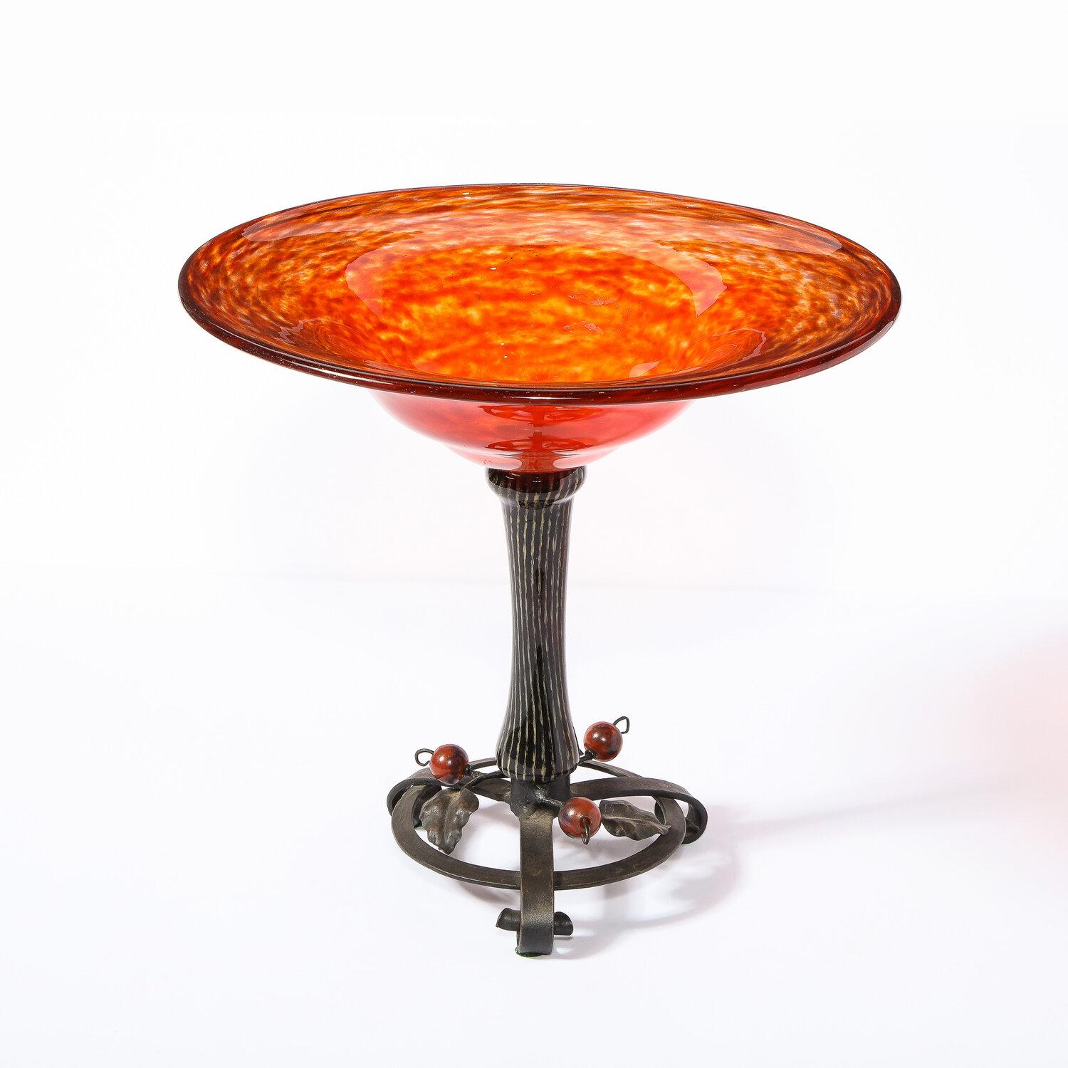 Early 20th Century Art Deco Mottled Carnelian Glass Bowl w/ Wrought Iron Base Signed by Schneider For Sale