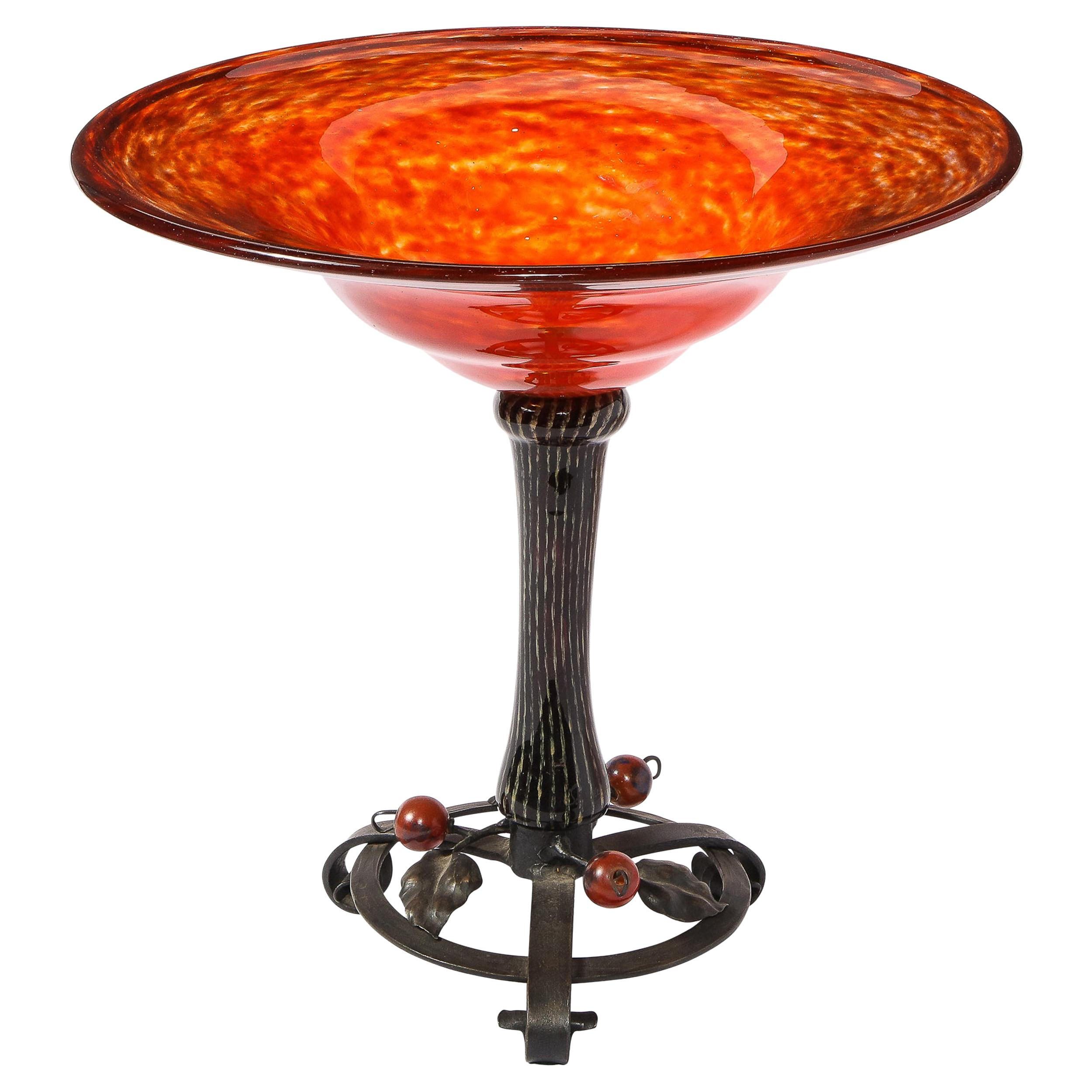 Art Deco Mottled Carnelian Glass Bowl w/ Wrought Iron Base Signed by Schneider