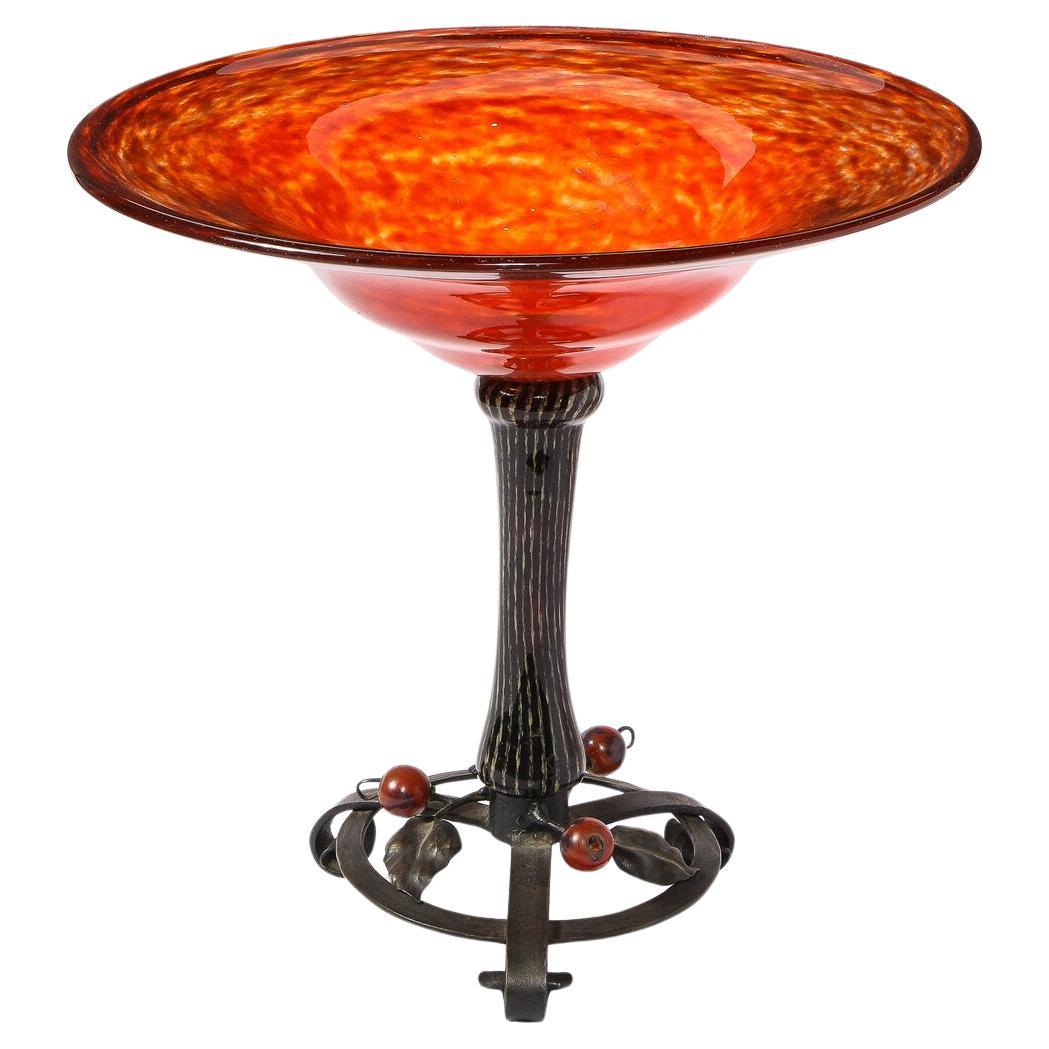 Art Deco Mottled Carnelian Glass Bowl w/ Wrought Iron Base Signed by Schneider For Sale
