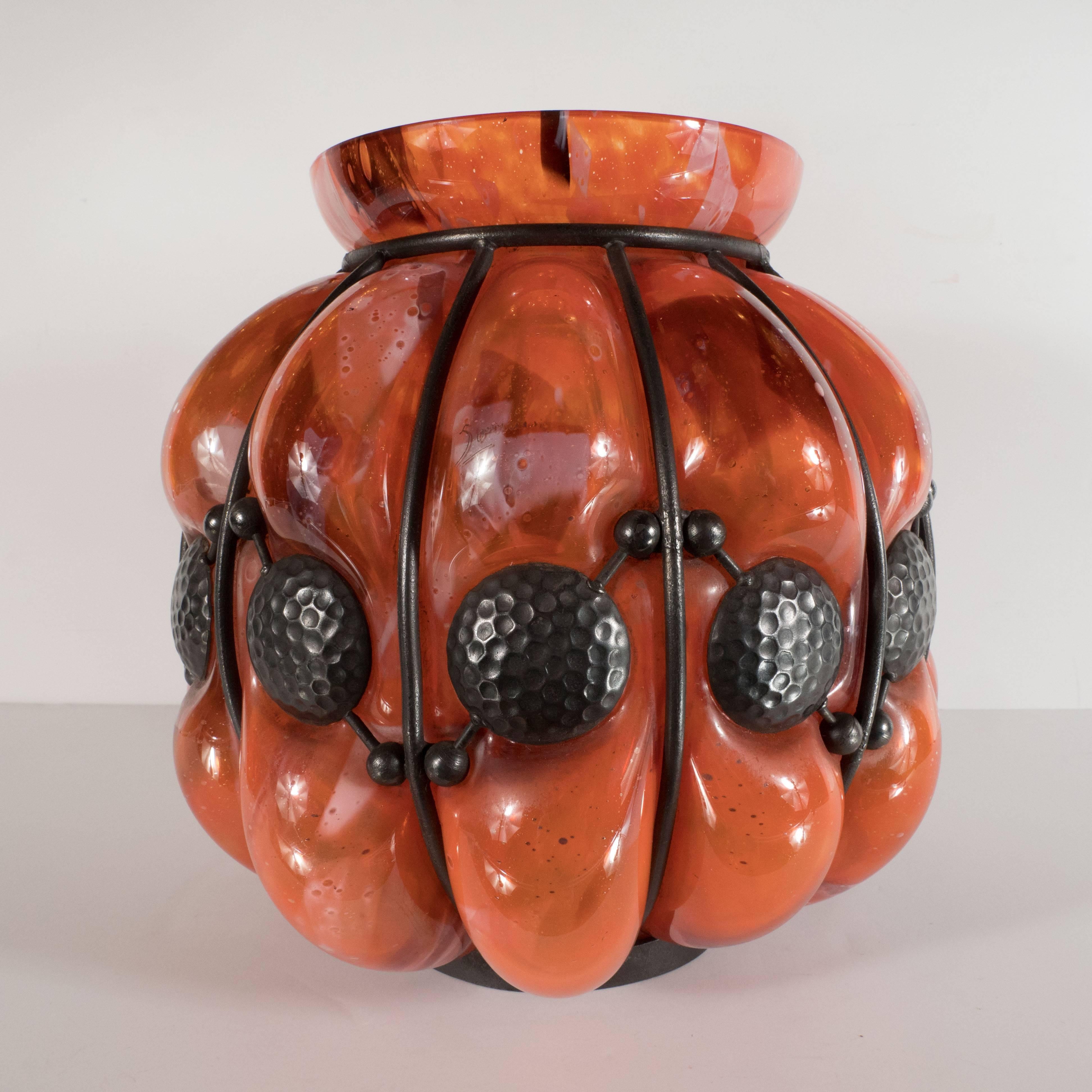 French Art Deco Mottled Vermillion Glass Vase W/ Wrought Iron by Majorelle & Daum