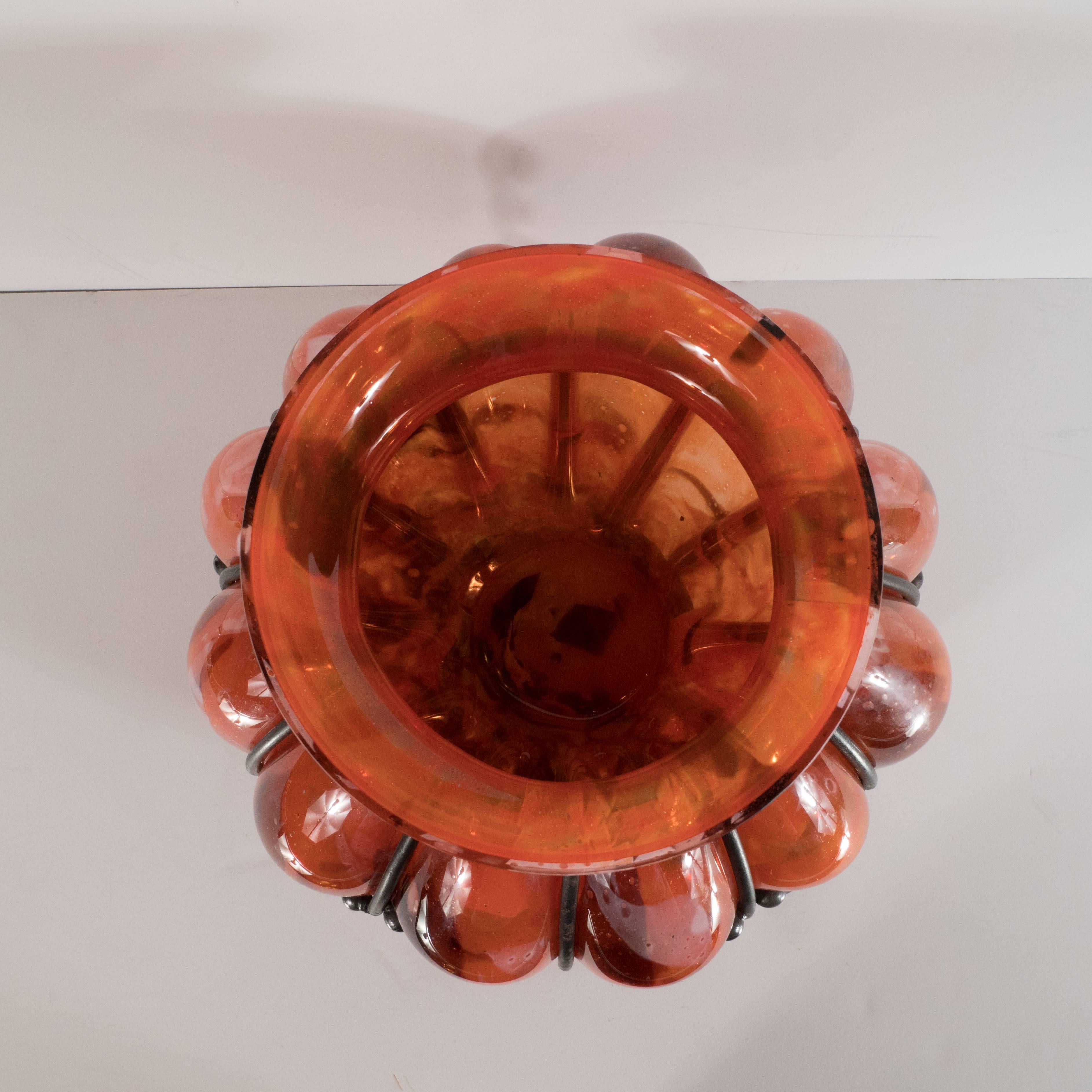 Art Deco Mottled Vermillion Glass Vase W/ Wrought Iron by Majorelle & Daum In Excellent Condition In New York, NY