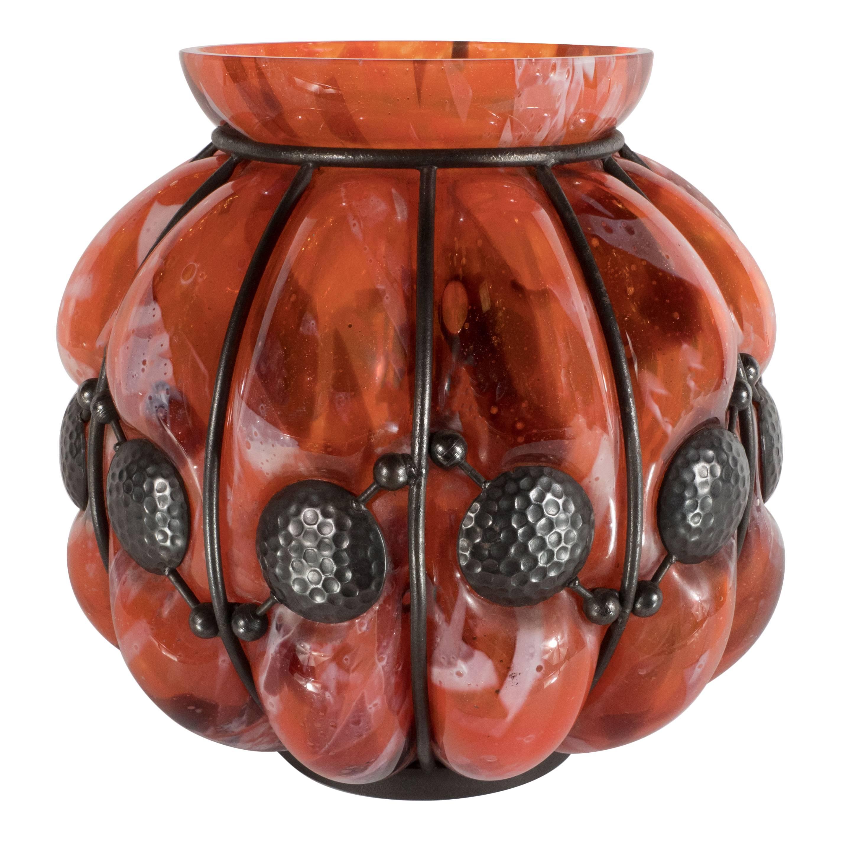 Art Deco Mottled Vermillion Glass Vase W/ Wrought Iron by Majorelle & Daum