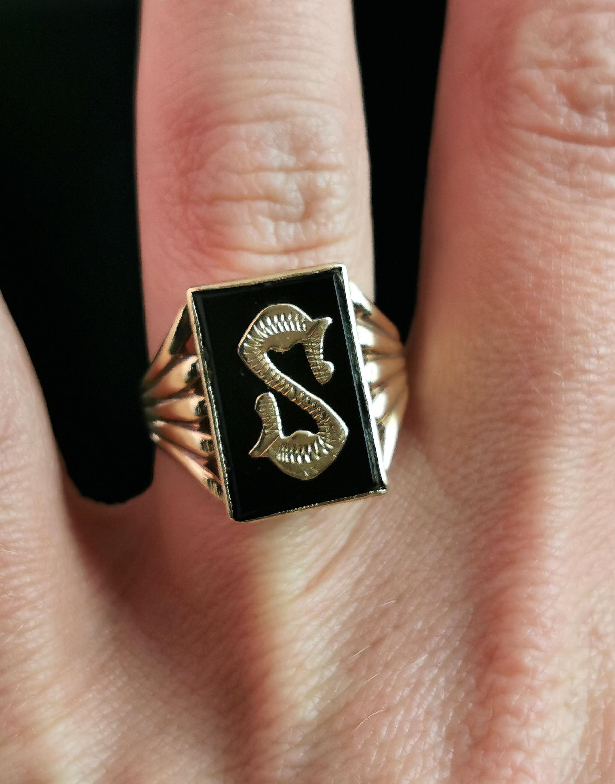 Art-Déco- Trauerring, S-Initial, 9k Gelbgold und Onyx 4
