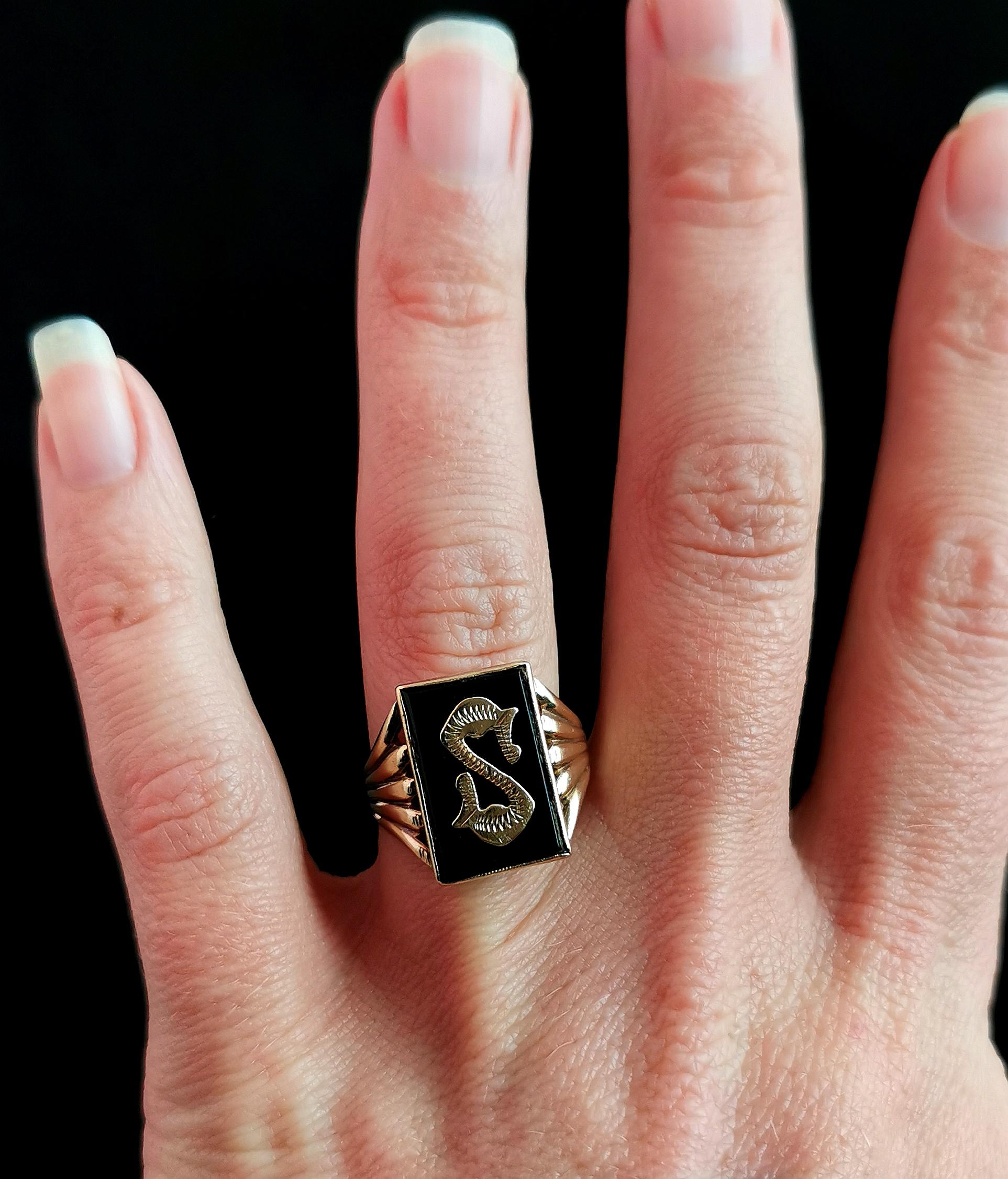 Art-Déco- Trauerring, S-Initial, 9k Gelbgold und Onyx 5